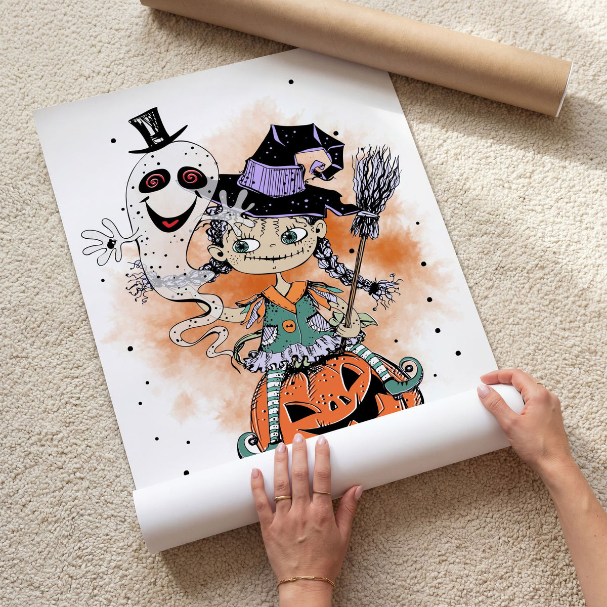 Ghostly Company Halloween-plakat med heks og spøkelse vist som kunsttrykk