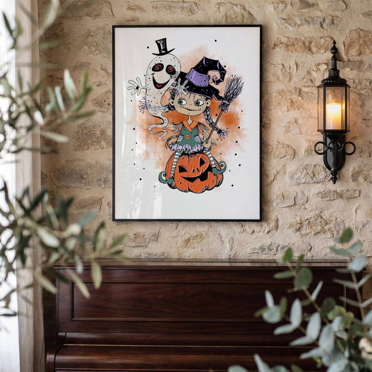 Halloween-plakaten Ghostly Company med heks og spøkelse på rustikk steinvegg