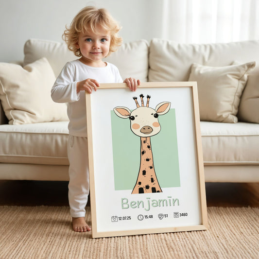 Barn holder personlig giraff fødselsplakat i lyst og nordisk barnerom
