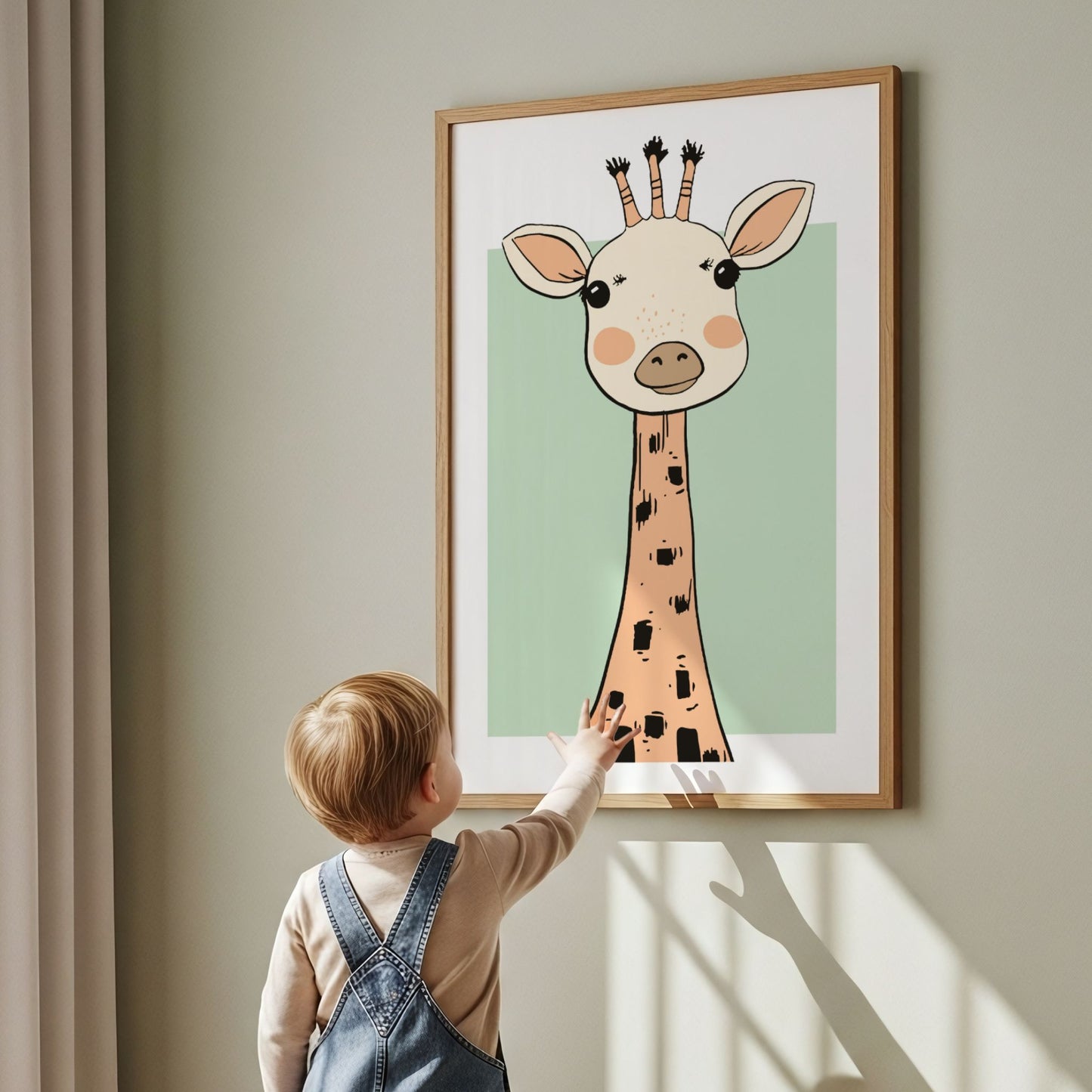 Giraff plakat på vegg i barnerom med rolig og nordisk interiør