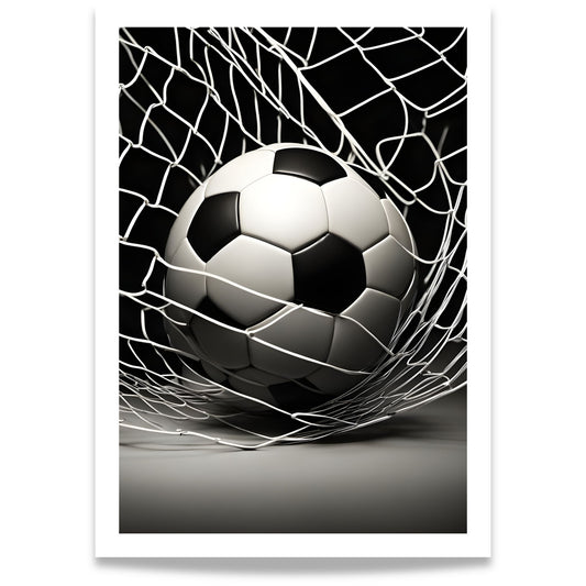 Fotball i målnett plakat i sort og hvitt med realistisk detaljert design