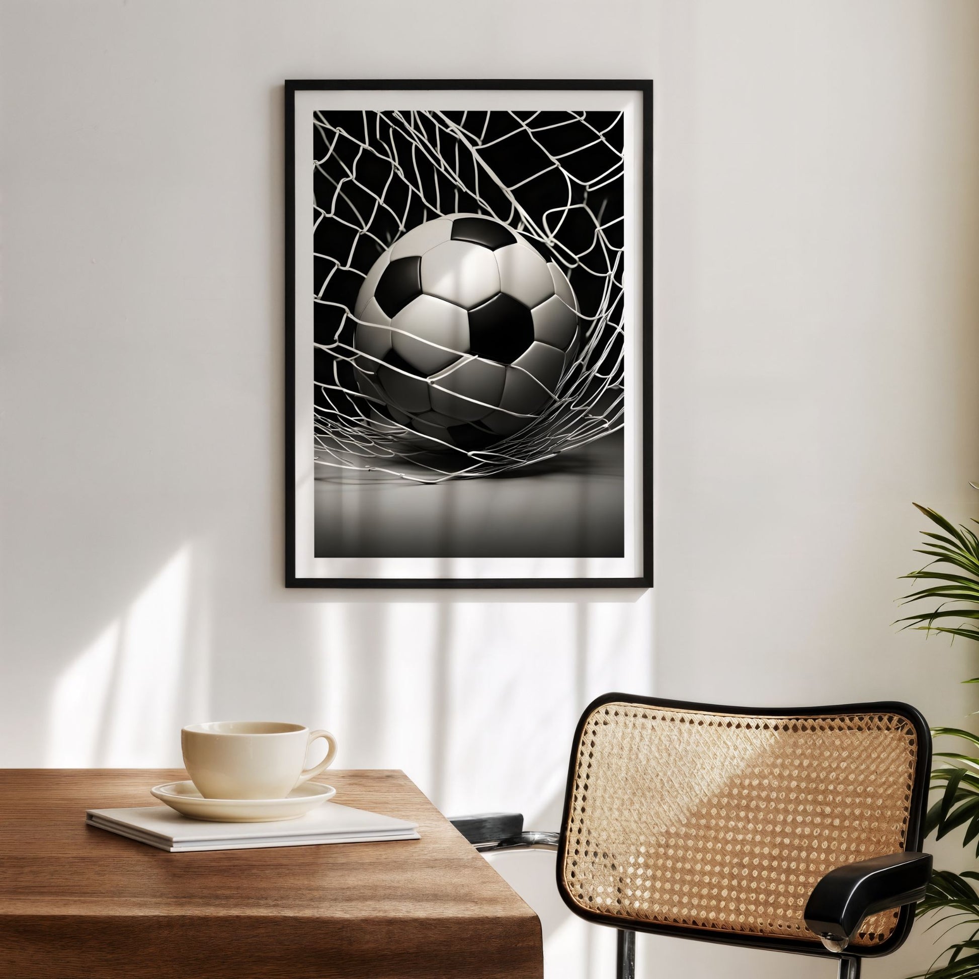 Fotballplakat i ramme på vegg i moderne interiør – sport plakat til stue eller ungdomsrom