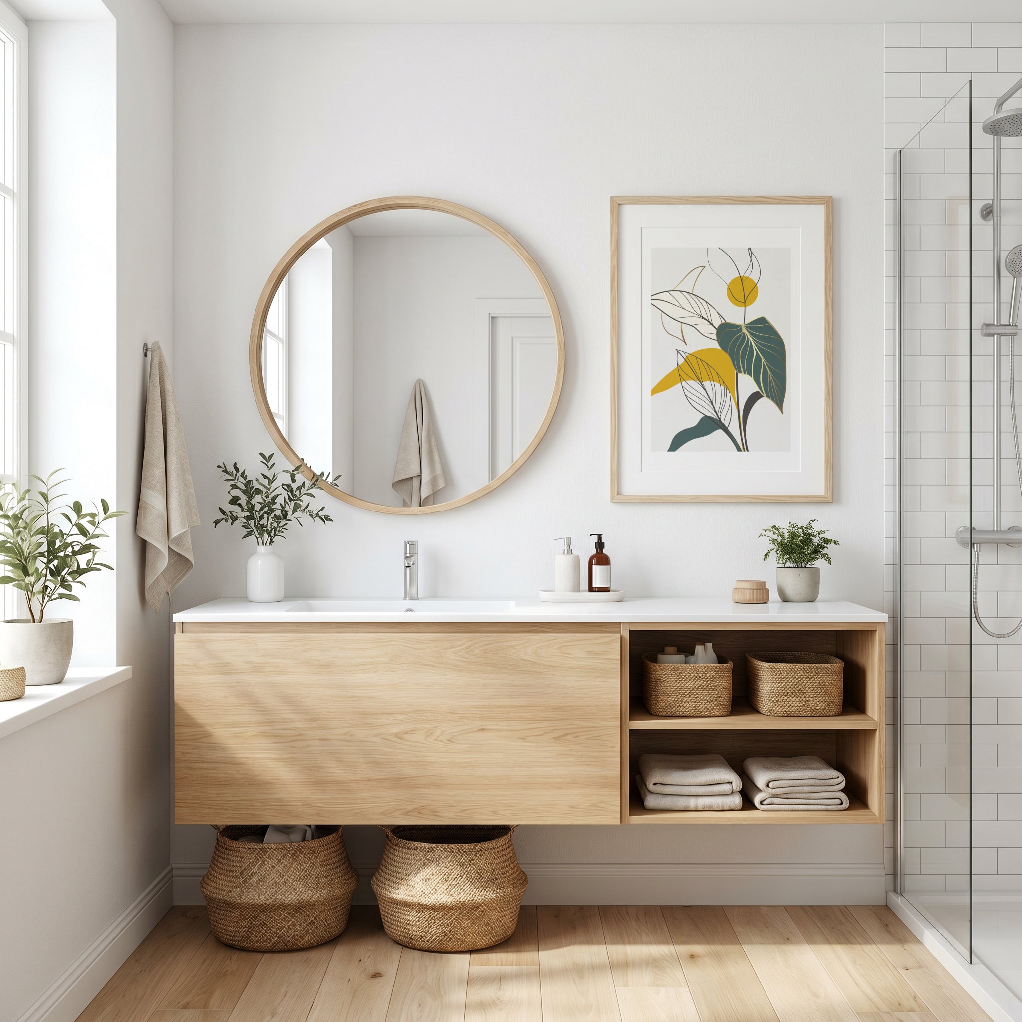 Botanical Rhythm botanisk plakat i lyst bad med treinnredning