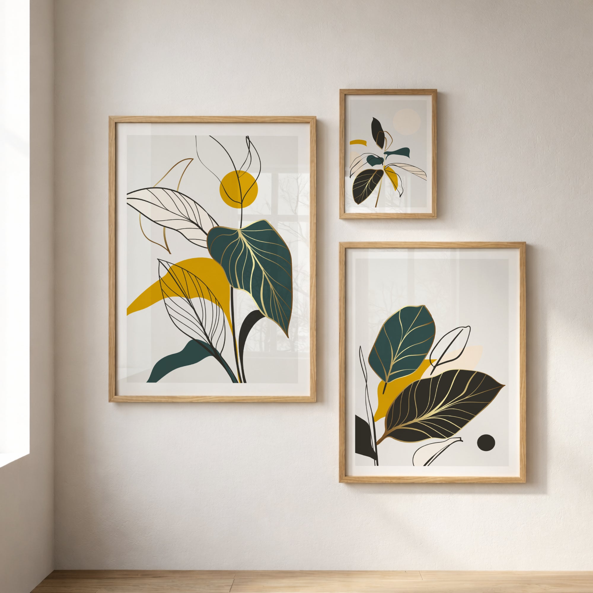 Golden Botanica med tre botaniske plakater i ulike størrelser arrangert som bildevegg