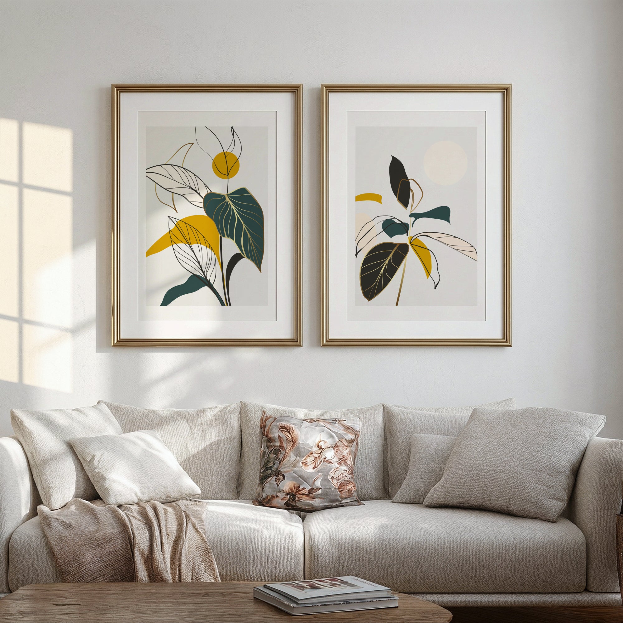 Botanical Rhythm og Quiet Bloom som botanisk plakatduo i gullrammer over lys sofa