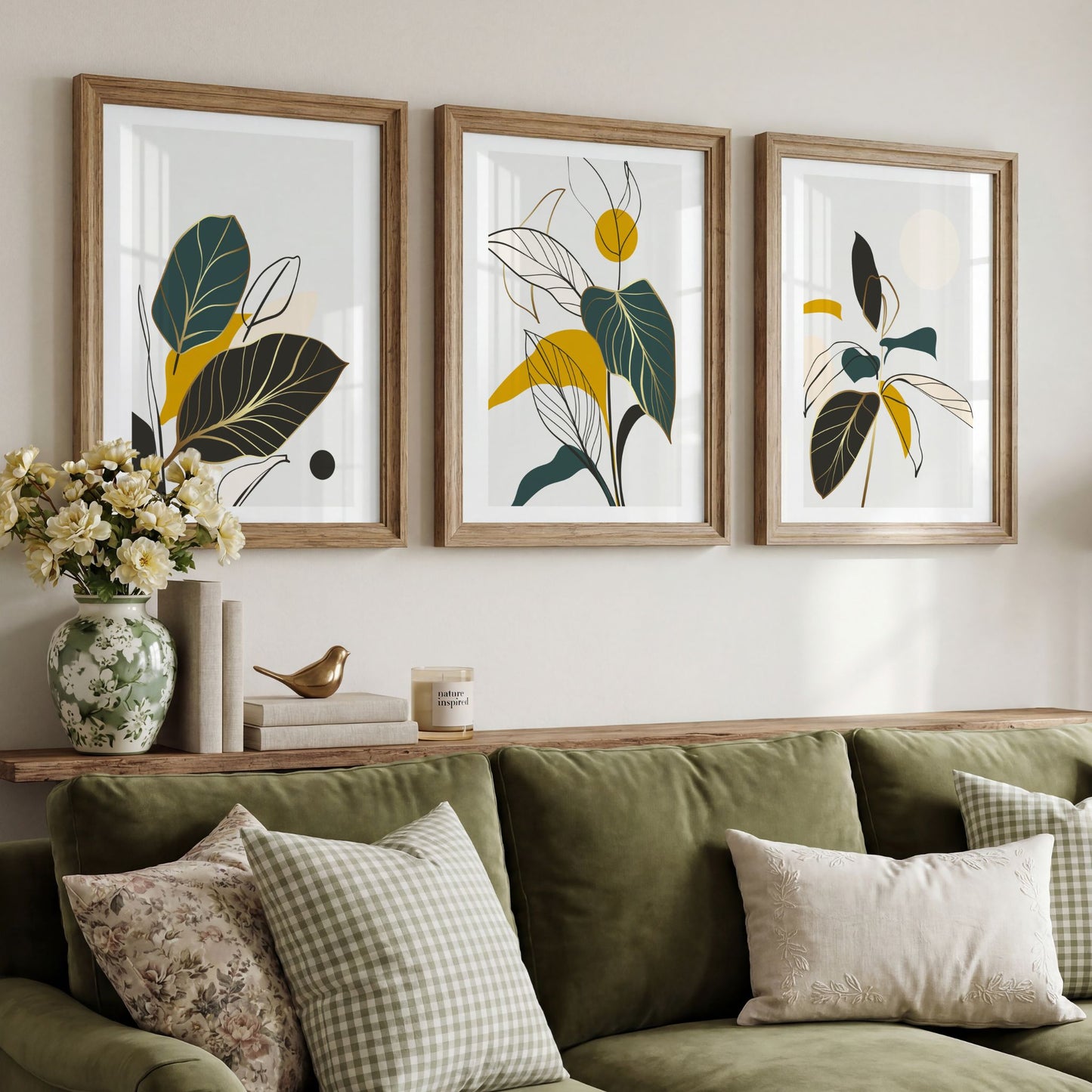 Tre botaniske plakater fra Golden Botanica Trio i eikerammer over grønn sofa