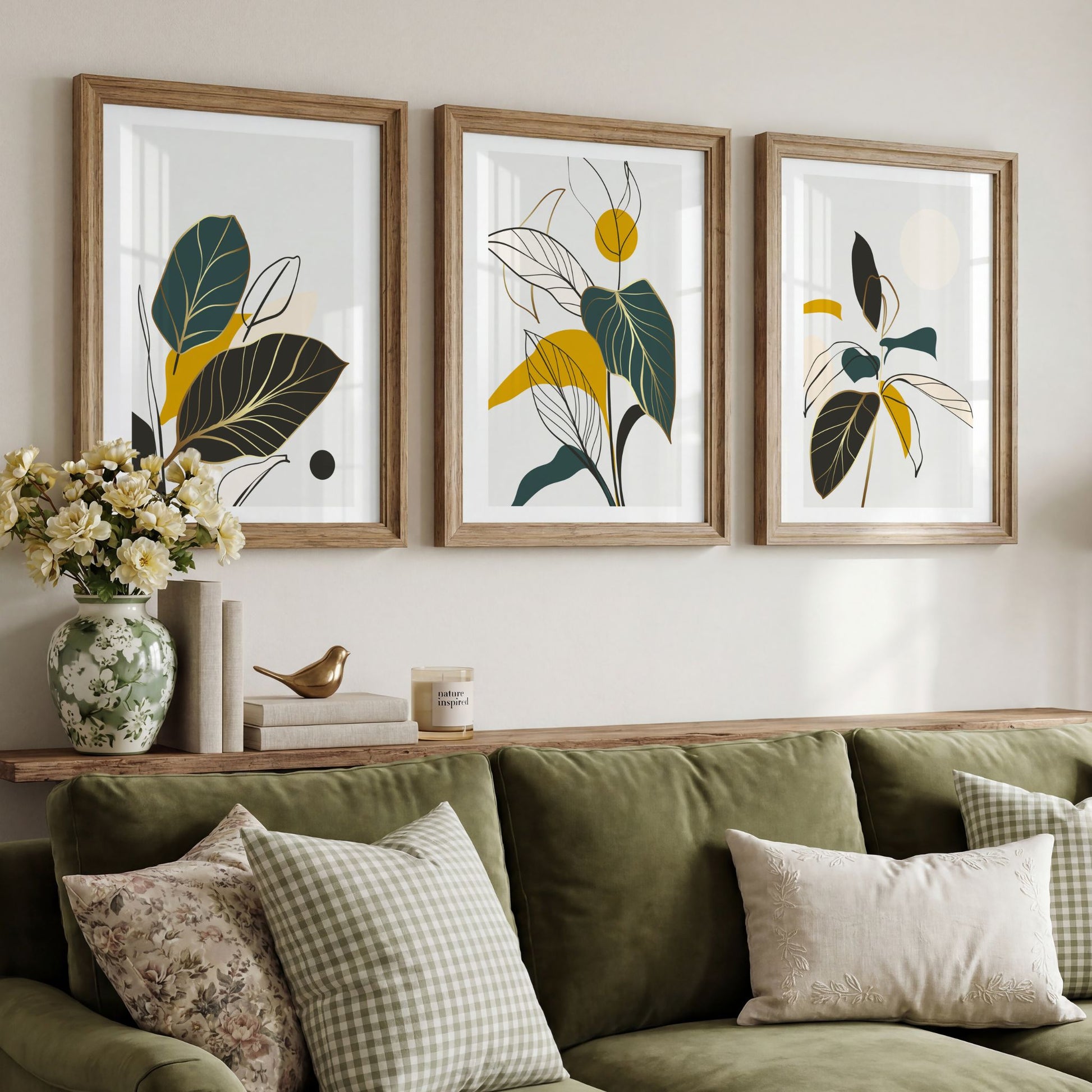 Tre botaniske plakater fra Golden Botanica Trio i eikerammer over grønn sofa