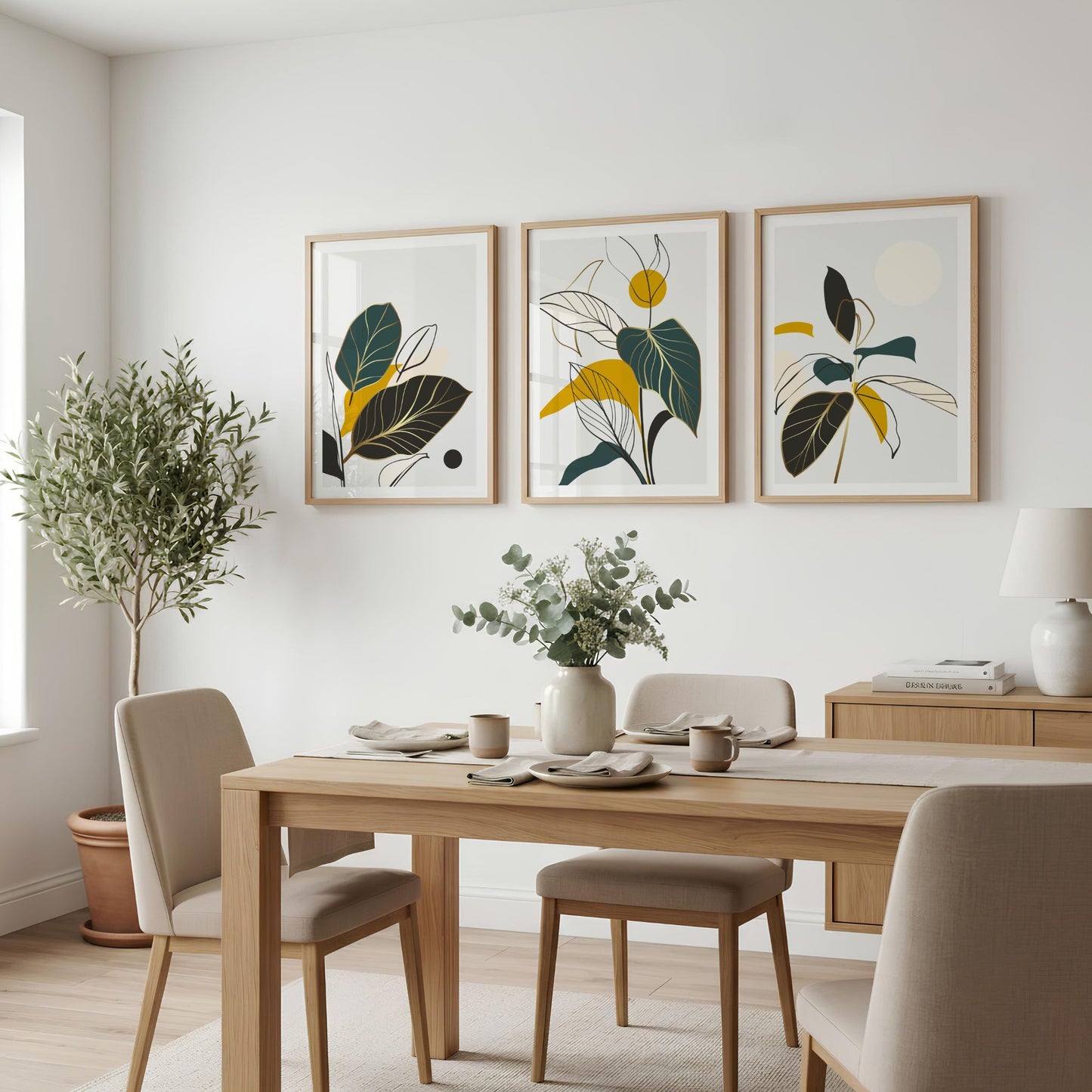 Golden Botanica Trio med tre grafiske botaniske plakater i eikerammer over spisebord