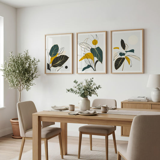 Golden Botanica Trio med tre grafiske botaniske plakater i eikerammer over spisebord