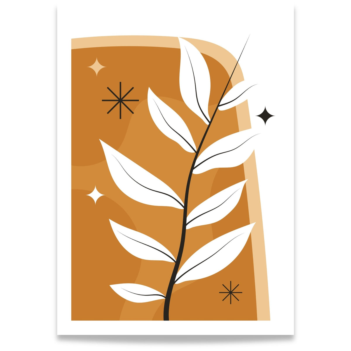 Golden Branch grafisk Boho Wall Art-plakat med stilisert gren og hvite blader i varme okertoner