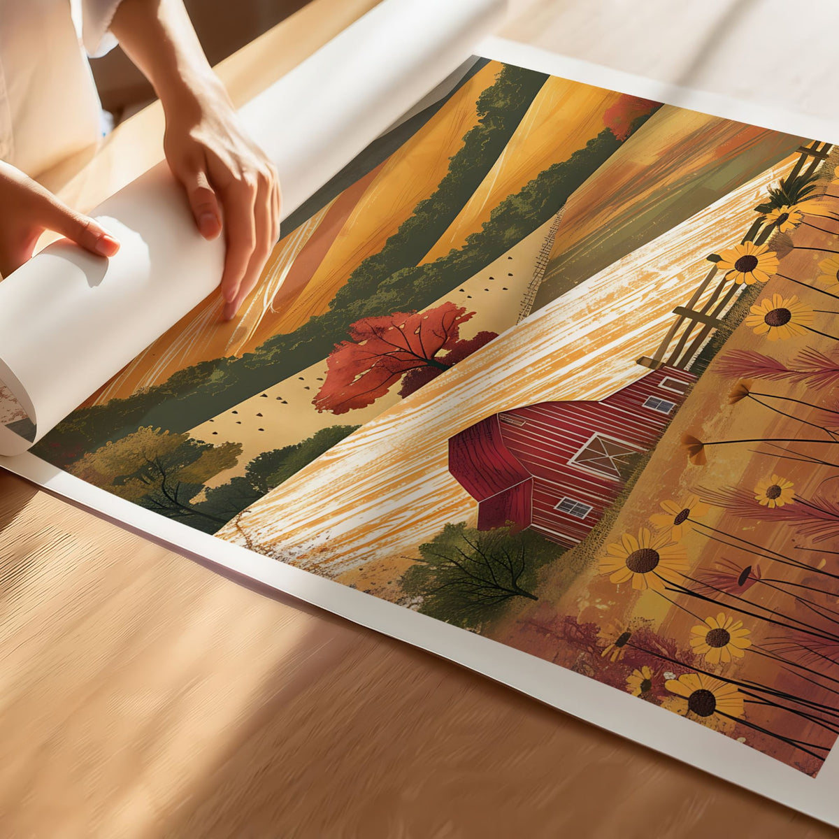 Nærbilde av Golden Countryside med rød låve, blomster, gyldne åser og grafiske teksturer