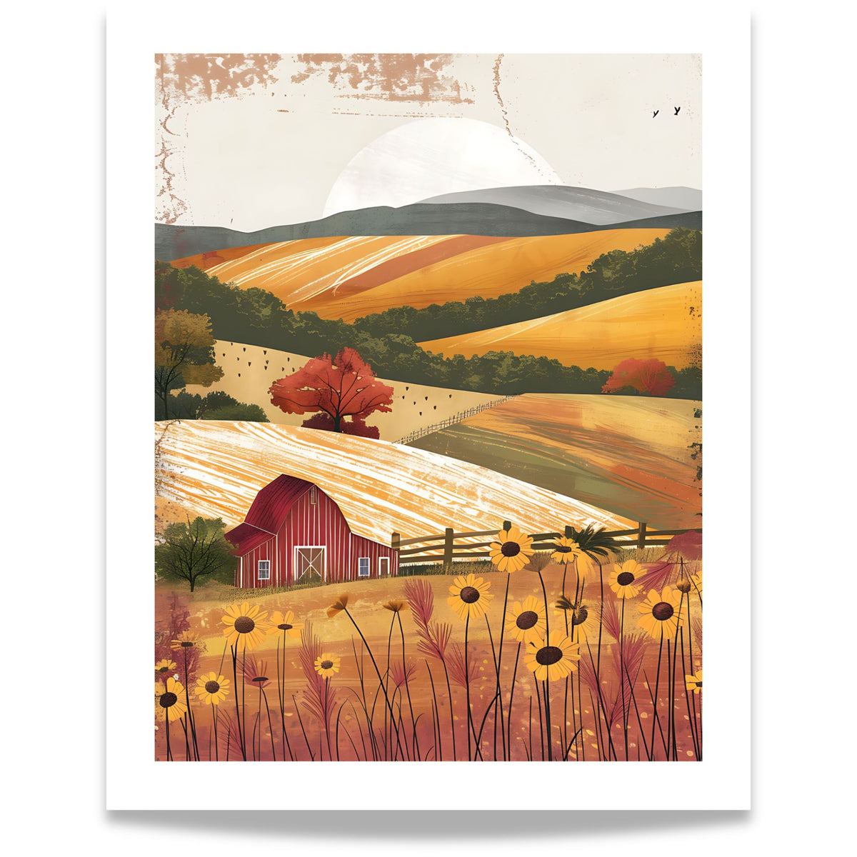 Golden Countryside kunstplakat med rød låve, gyldne åser og blomstereng i varme jordtoner. Format 40x50