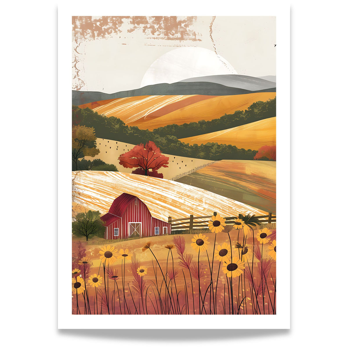 Golden Countryside kunstplakat med rød låve, gyldne åser og blomstereng i varme jordtoner