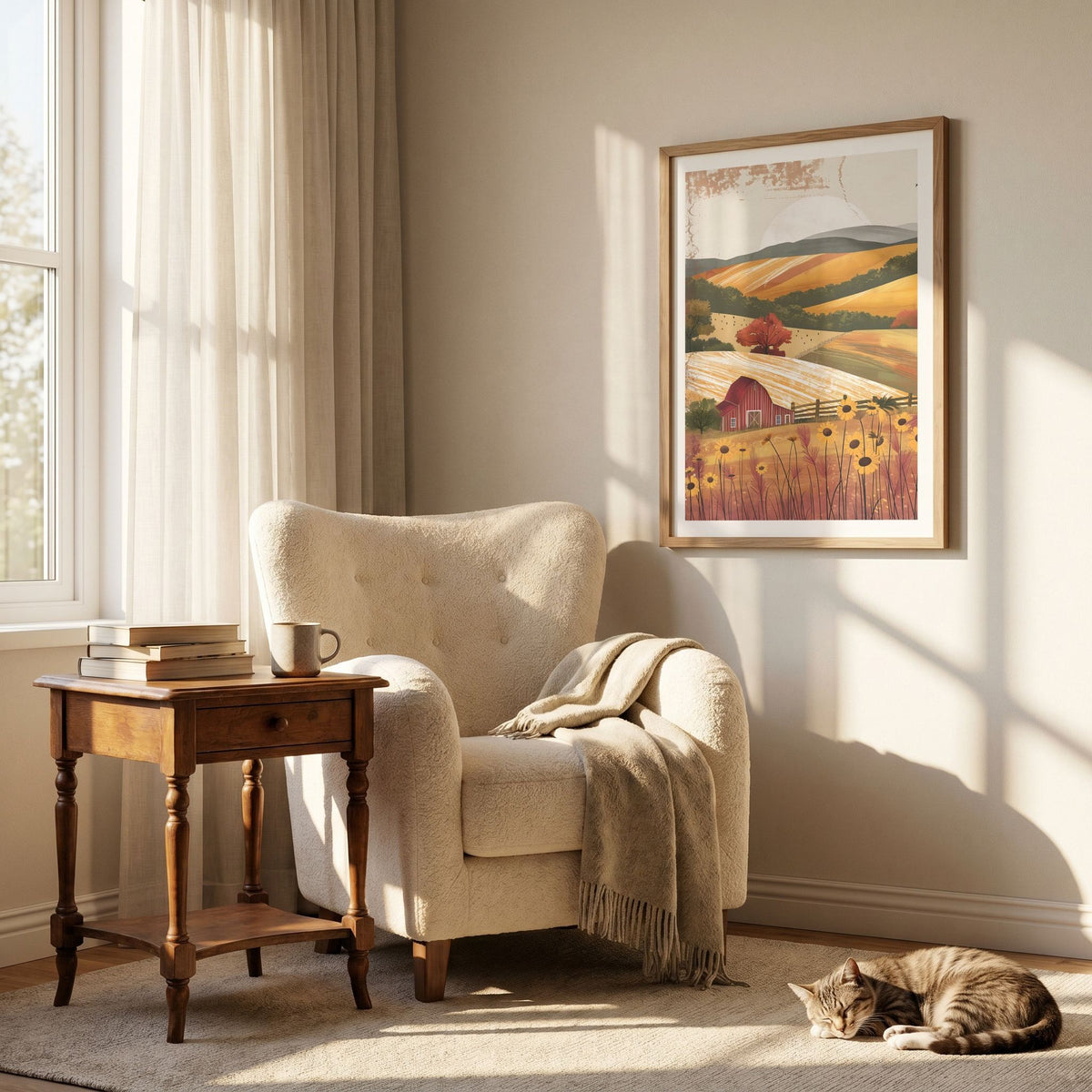 Golden Countryside landskapsplakat i lys lesekrok med lenestol, trebord og katt