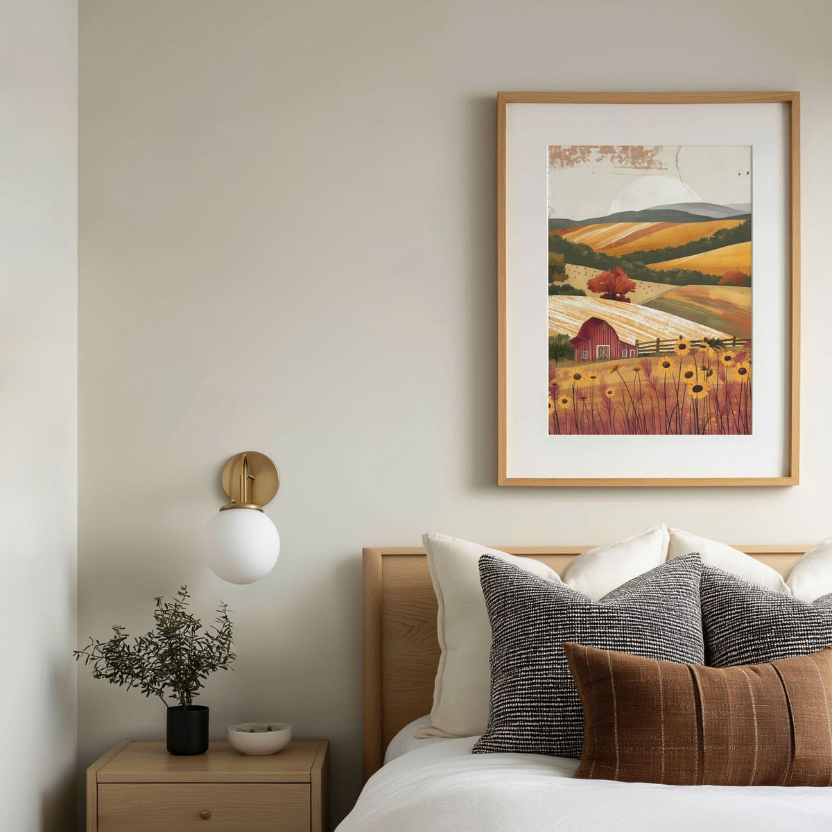 Golden Countryside kunstplakat over seng i nordisk soverom med naturfarger