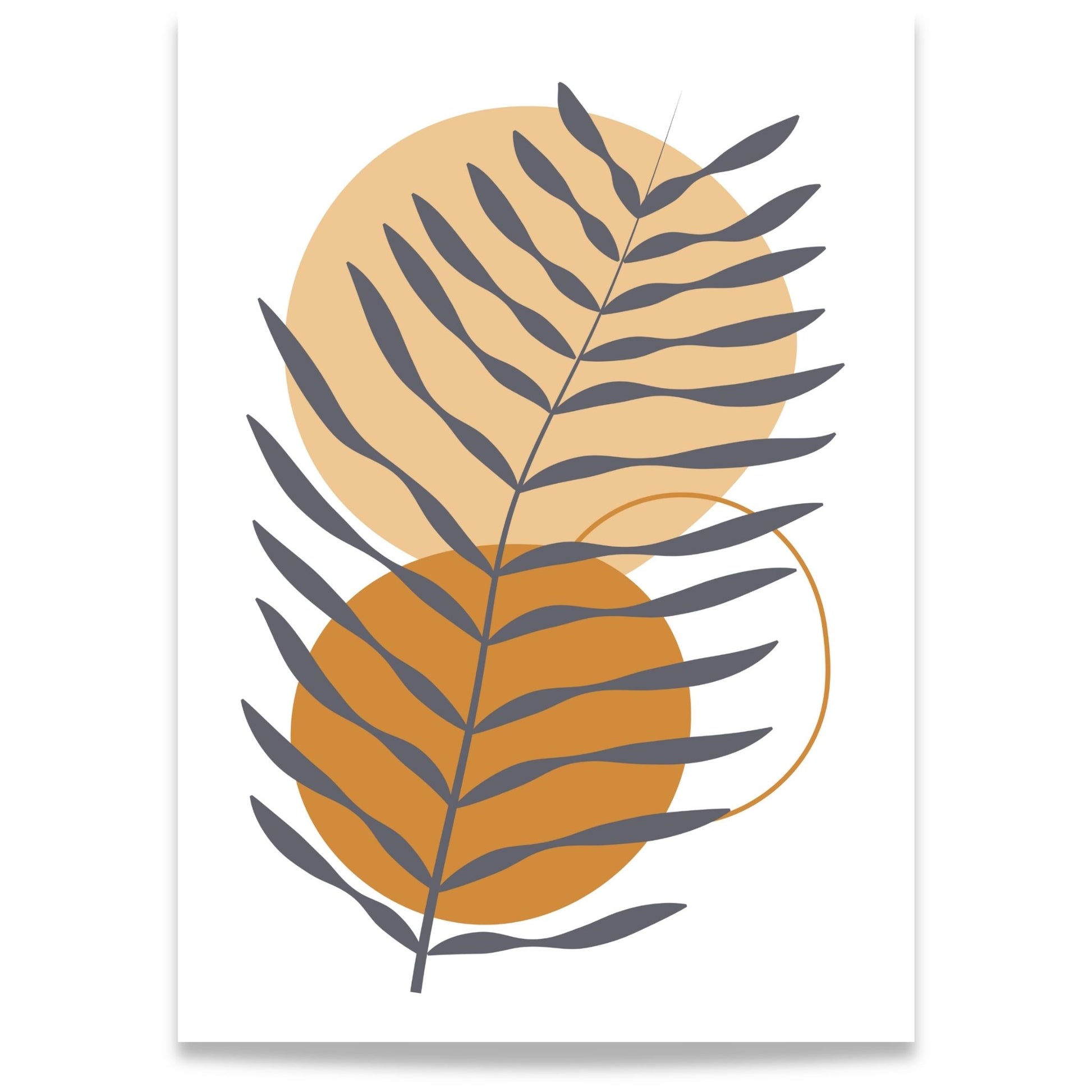 Golden Fern grafisk Boho Wall Art-plakat med stilisert bregne og sirkelformer i beige, oker og grått