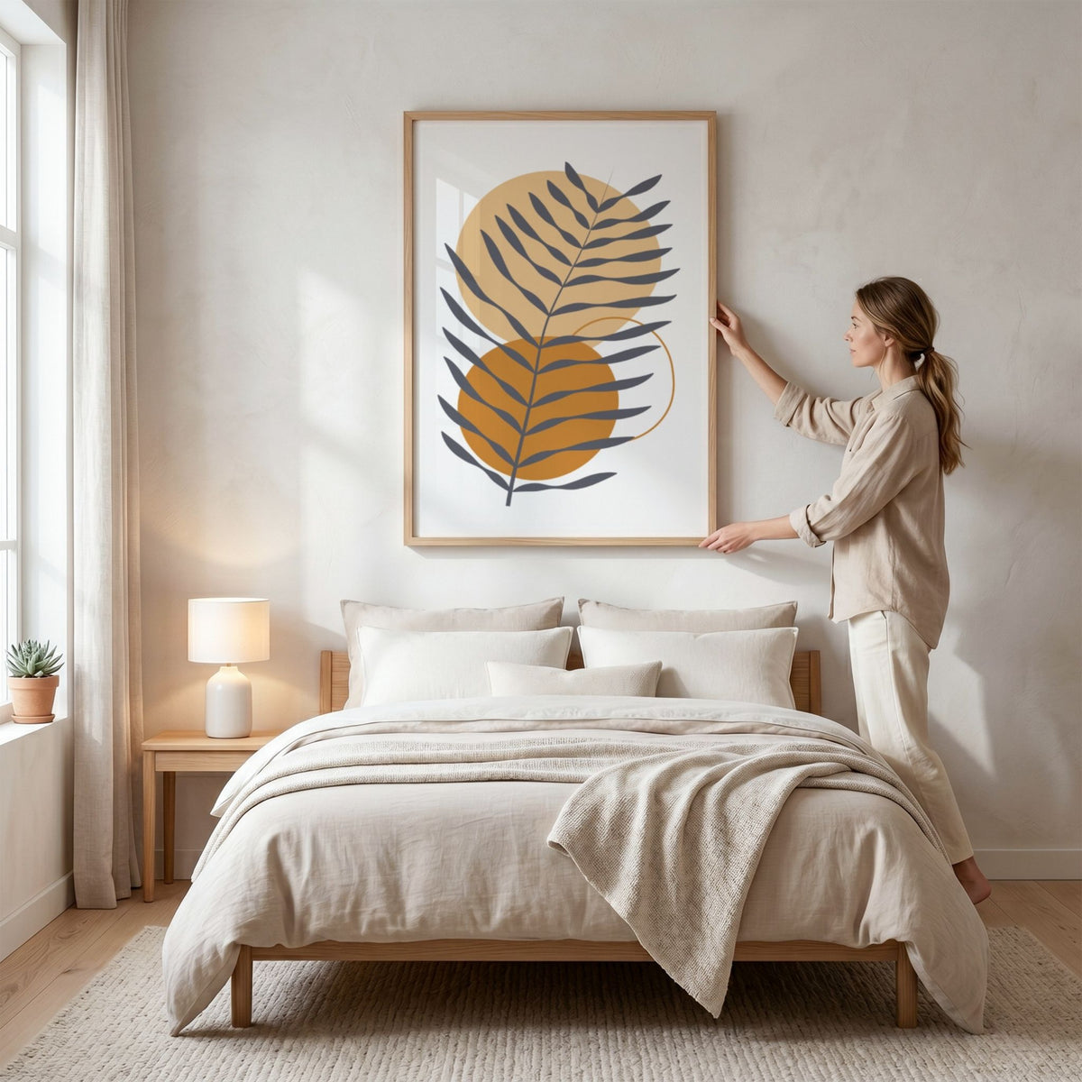 Golden Fern Boho Wall Art-plakat med stilisert bregne i eikeramme over seng
