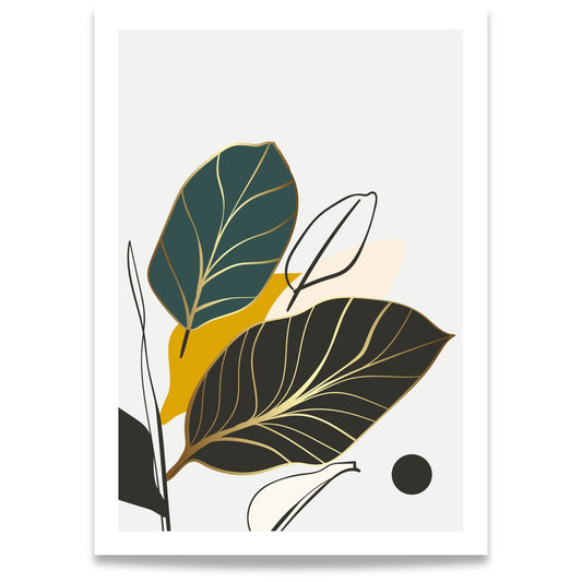 Golden Leaves grafisk botanisk plakat med bladmotiv i mørk grønn, sort, oker og gylne toner
