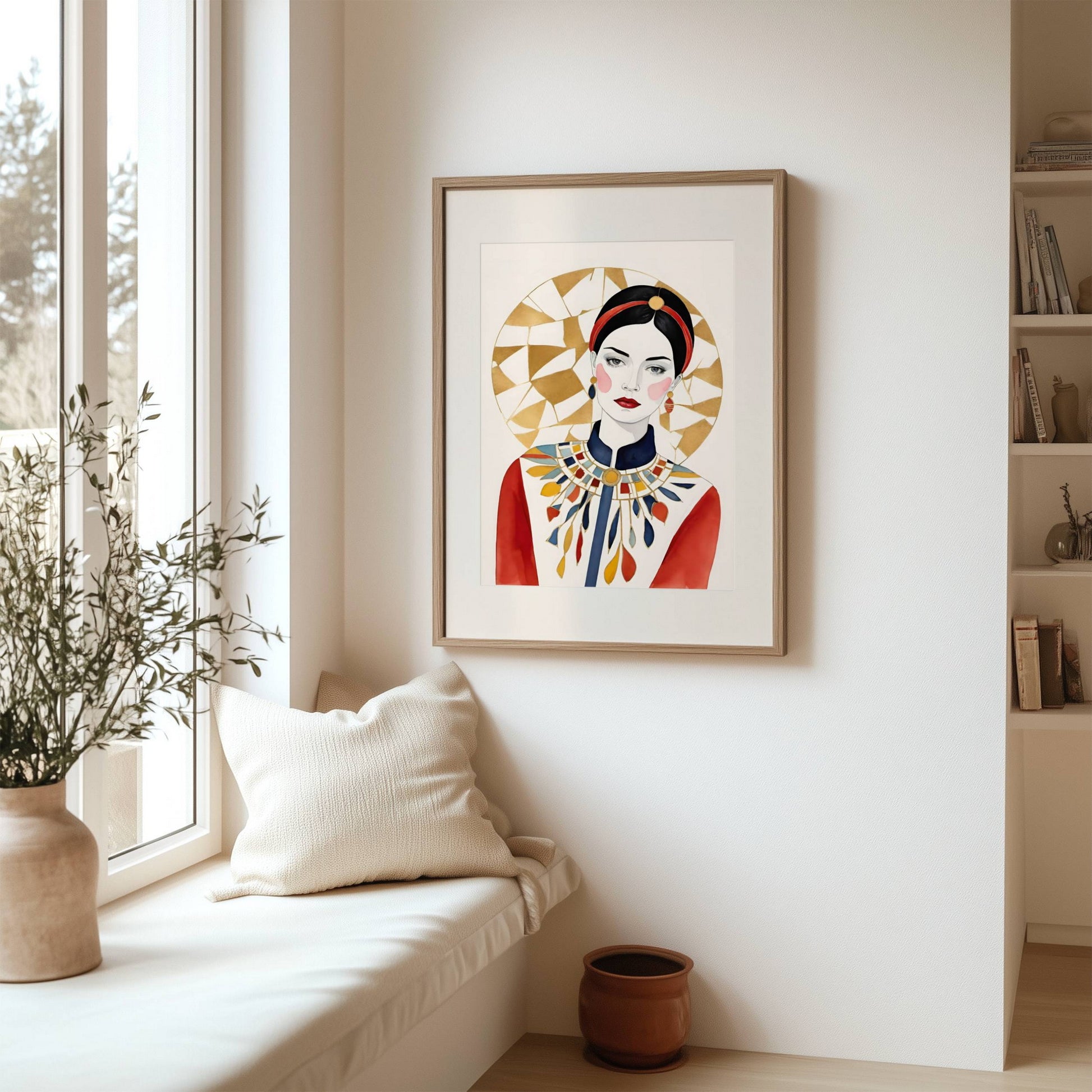 Golden Muse portrettkunst vist i lyst skandinavisk interiør med eikeramme