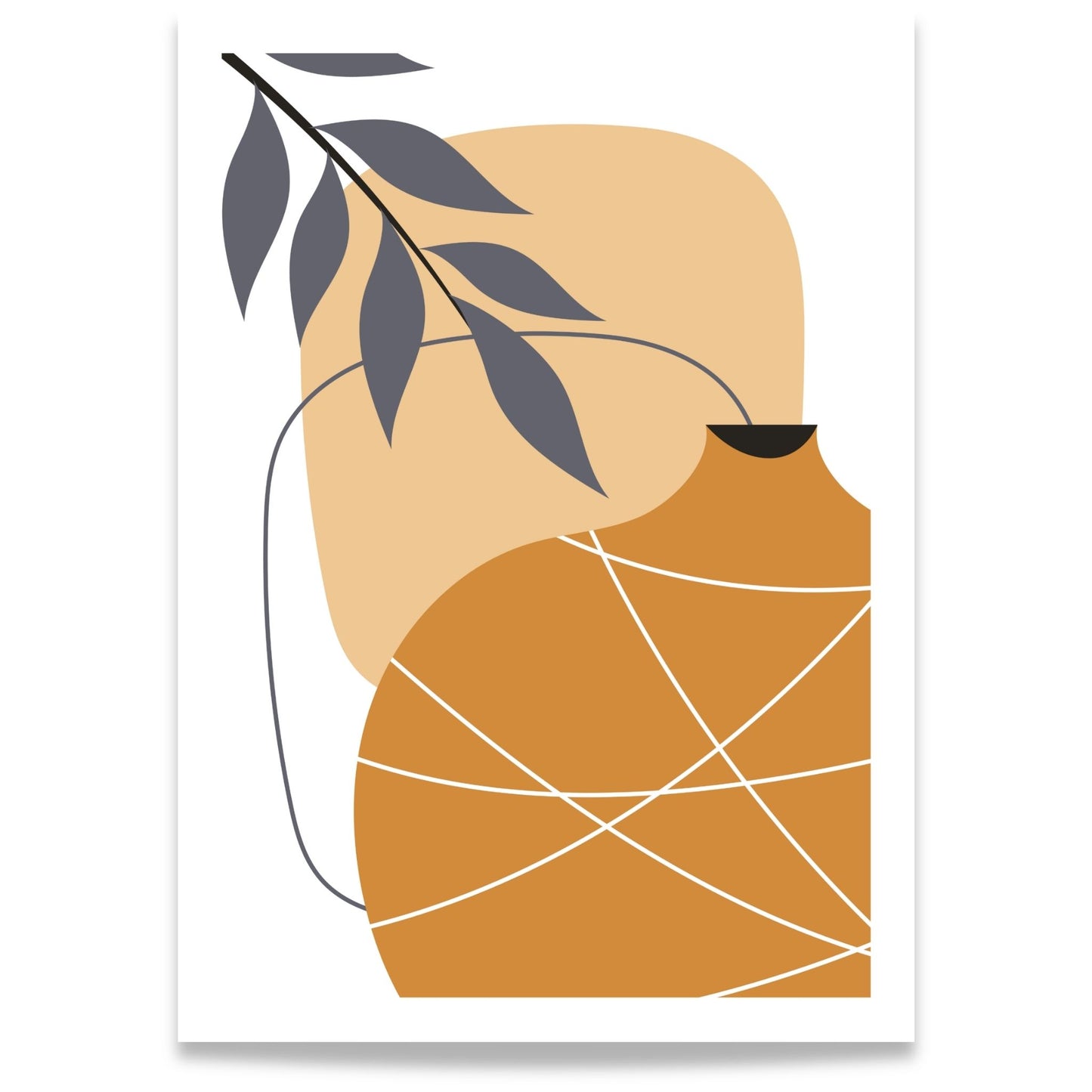 Golden Vessel grafisk Boho Wall Art-plakat med stilisert vase, botanisk gren og organiske former i oker og beige