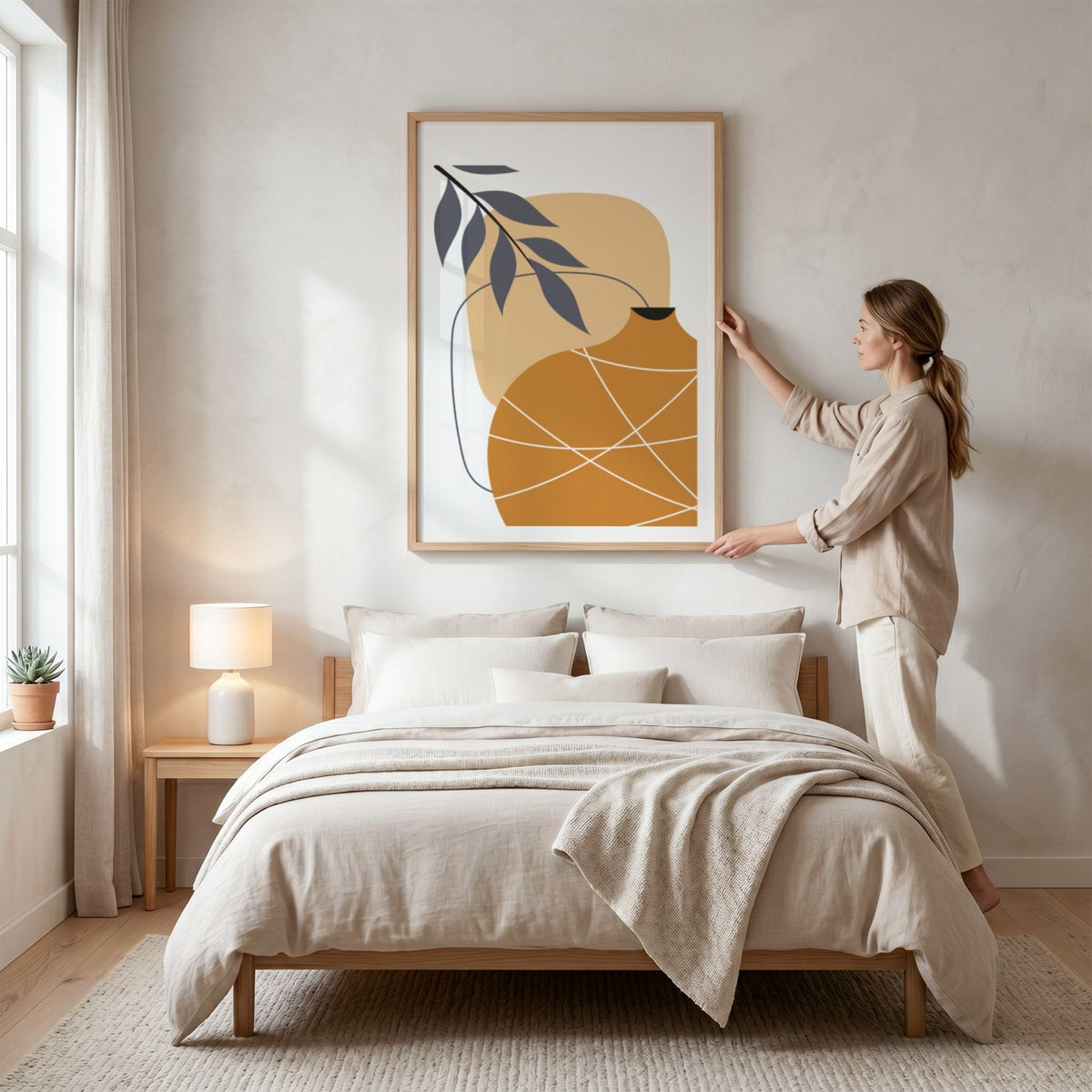 Golden Vessel Boho Wall Art-plakat med vase og botanisk gren i lyst nordisk soverom