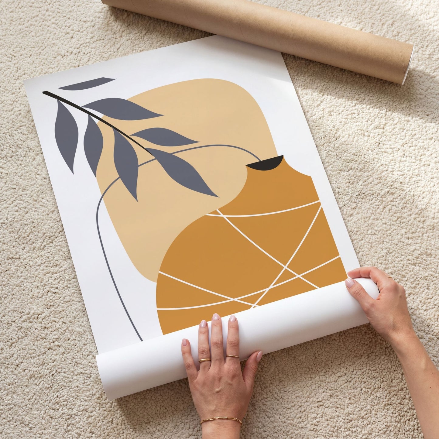 Golden Vessel grafisk boho-plakat med okerfarget vase, botanisk gren og organiske former