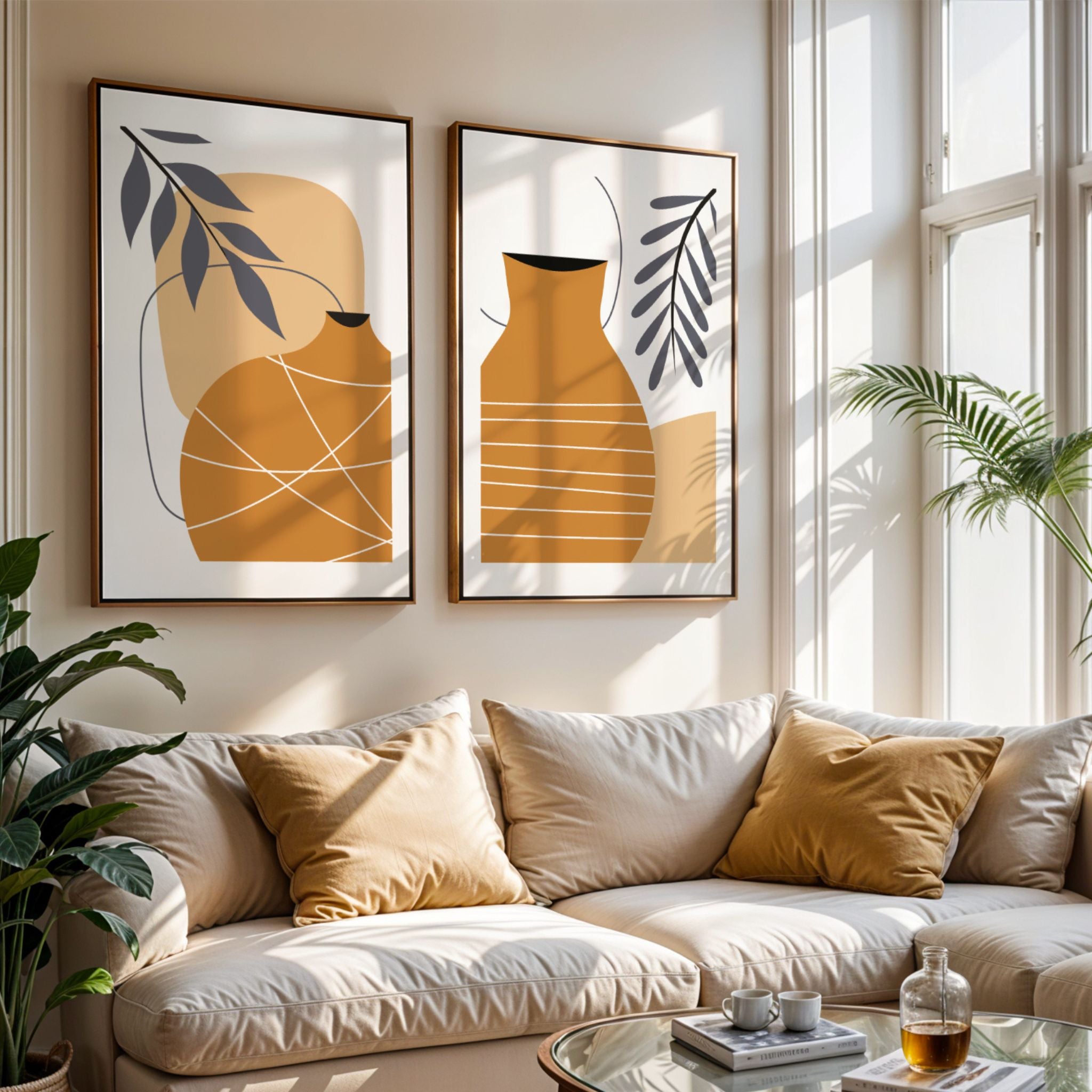 Golden Vessel og Terra Vessel grafisk plakatduo med kar og botaniske former i lys stue