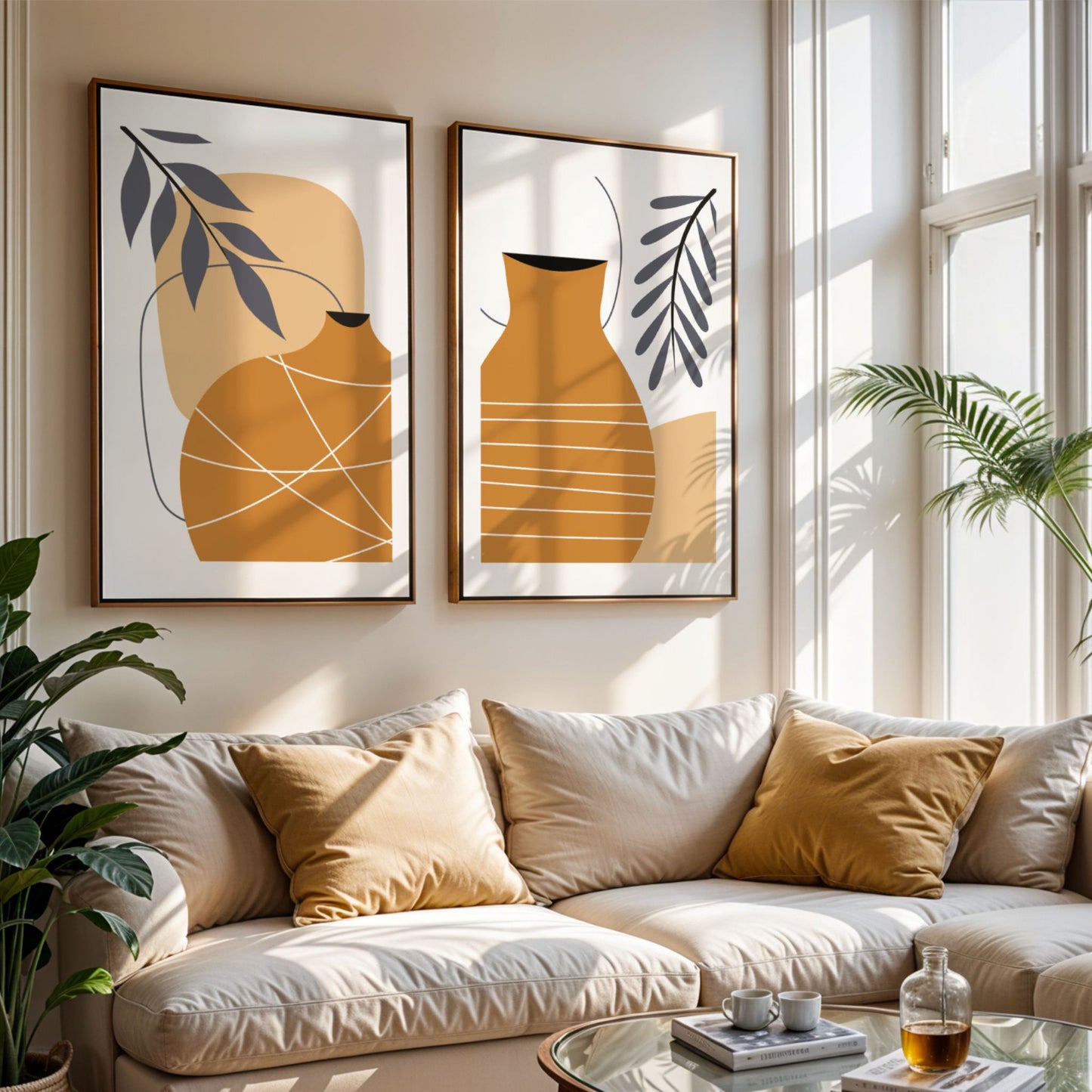 Golden Vessel og Terra Vessel grafisk plakatduo med kar og botaniske former i lys stue