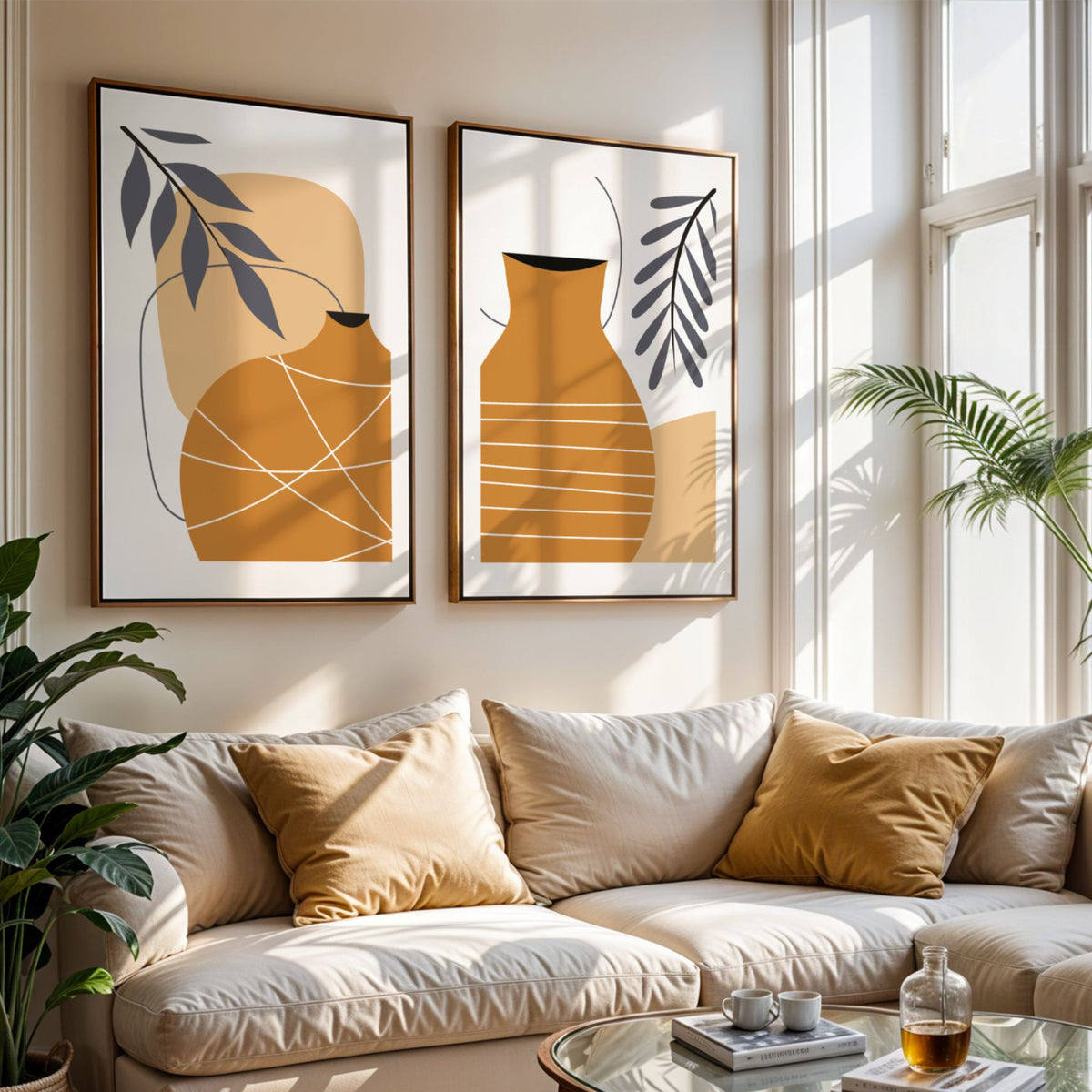 Golden Vessel og Terra Vessel grafisk plakatduo med kar og botaniske former i lys stue