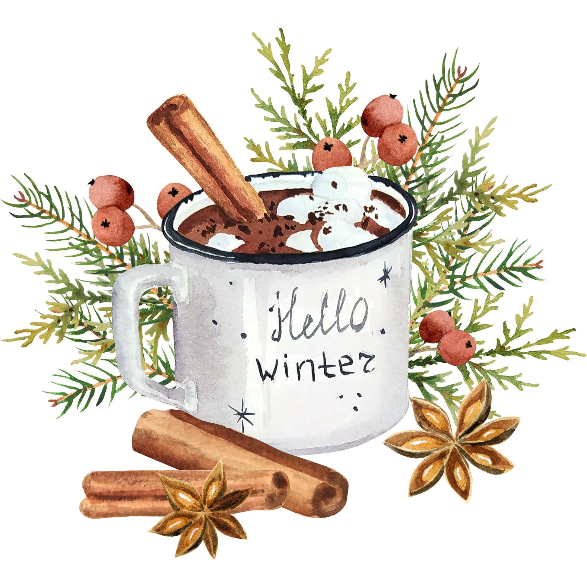 Grafikk til Julekrus i hvit emalje med motiv av vinterkakao med kanel.