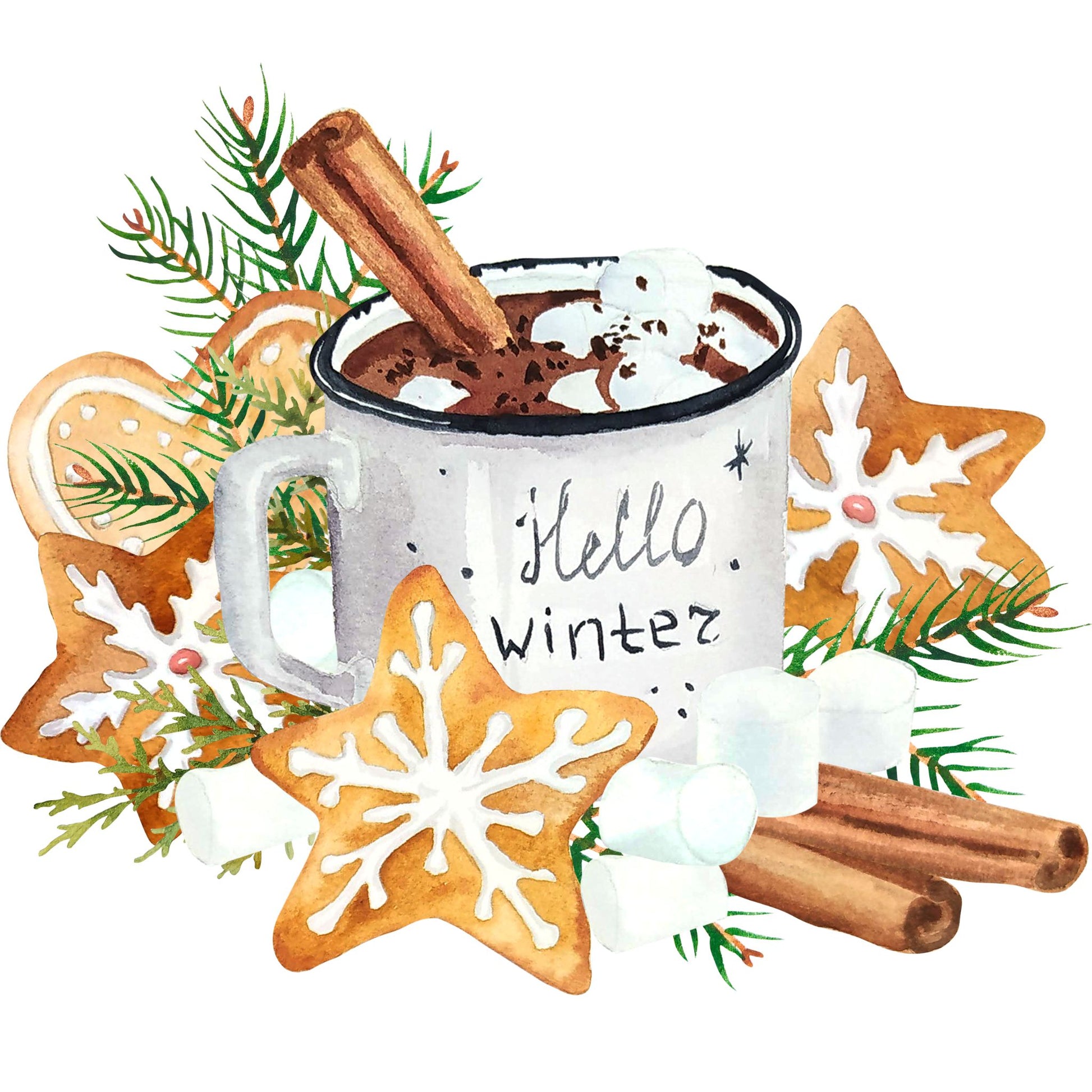 Grafikk til hvitt emaljekrus med julemotiv av vinterkakao med pepperkaker.