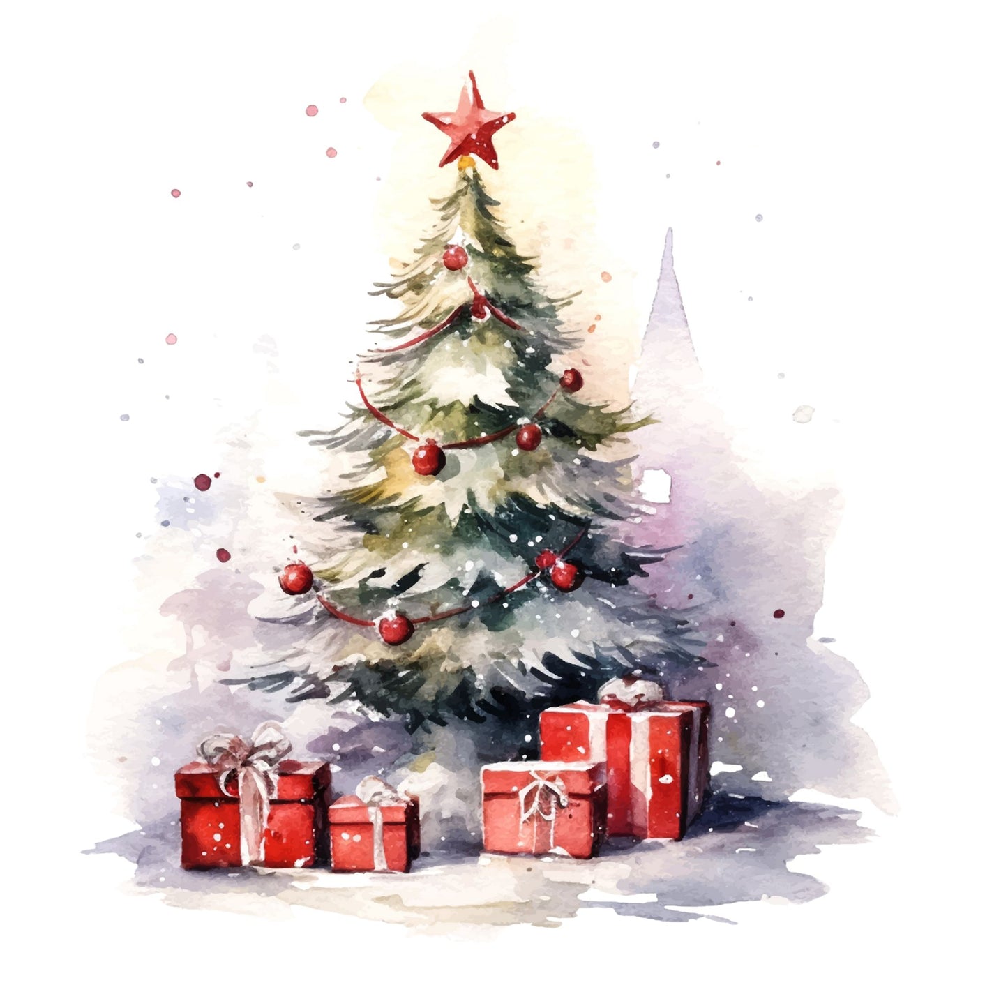 Grafikk til hvitt emaljekrus med  pyntet juletre med røde gavepakker.