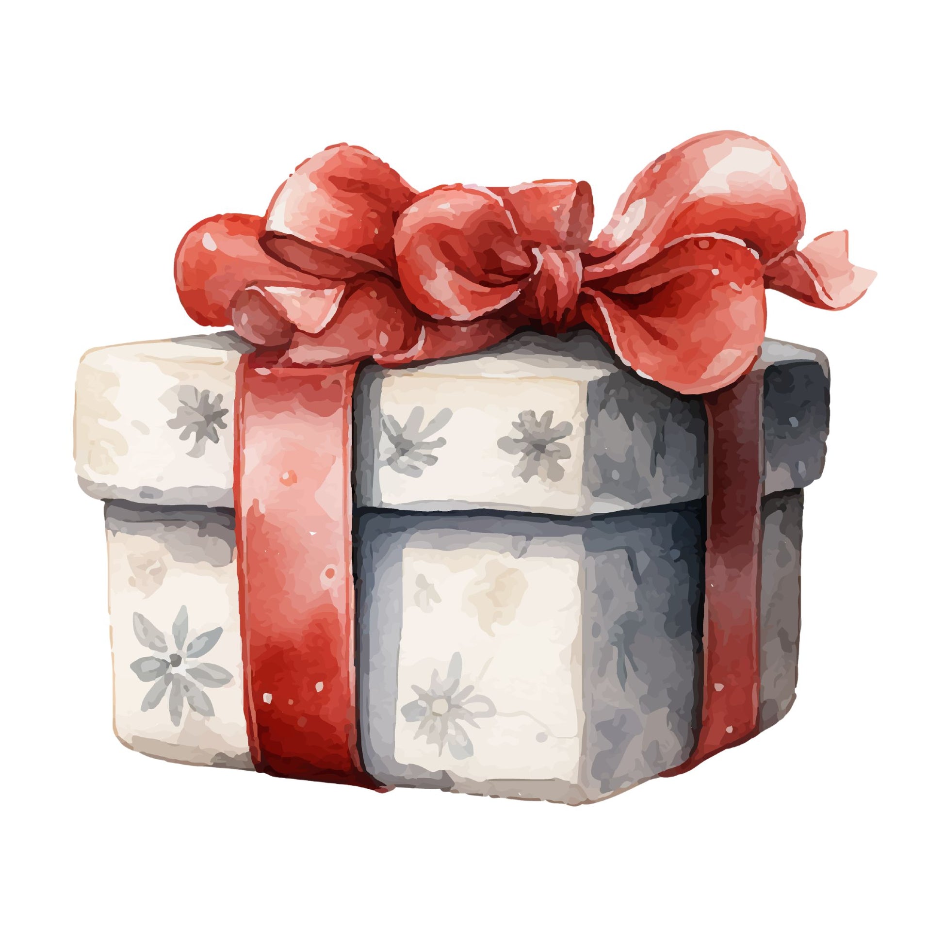 Grafikk til hvitt emaljekrus med motiv av en julepakke med rød sløyfe.