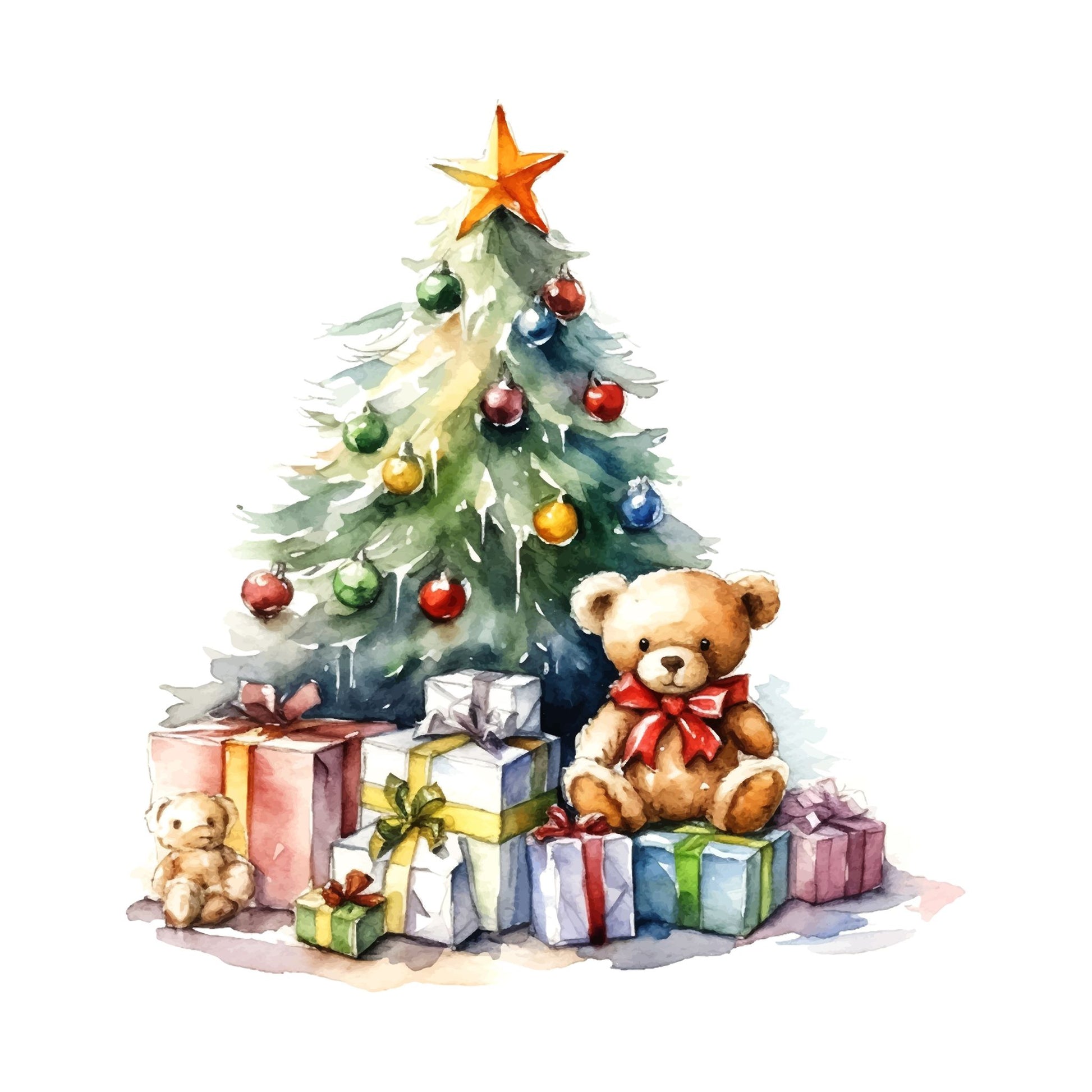 Grafikk til hvitt emaljekrus: pyntet juletre med bamse.