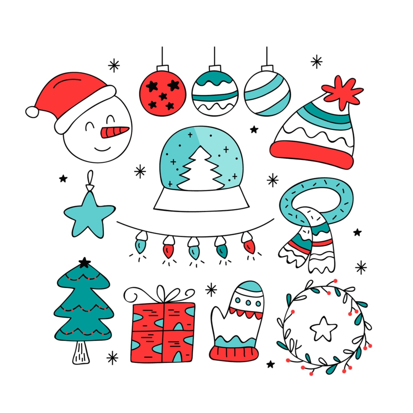 Grafikk til et hvitt emaljekrus med grafisk julemotiv av fargerike juleikoner.