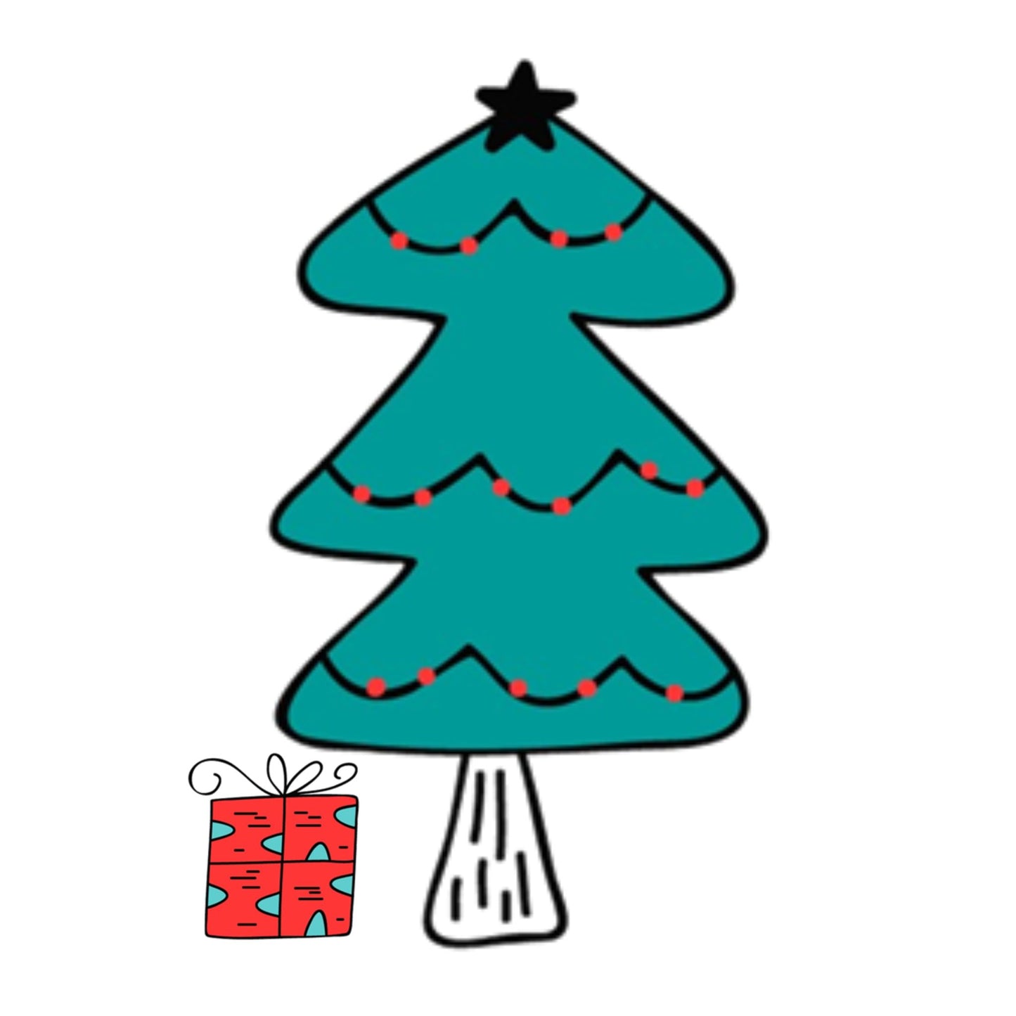 Grafikk til et hvitt emaljekrus med grafisk julemotiv av og et stilisert turkist juletre med gave.