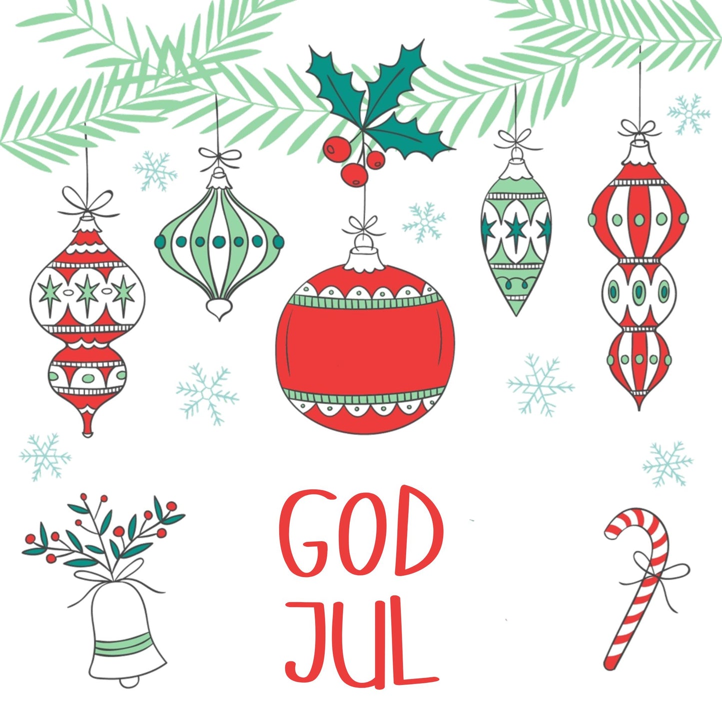 Grafikk til hvitt emaljekrus med hengende ornamenter med teksten «God Jul».