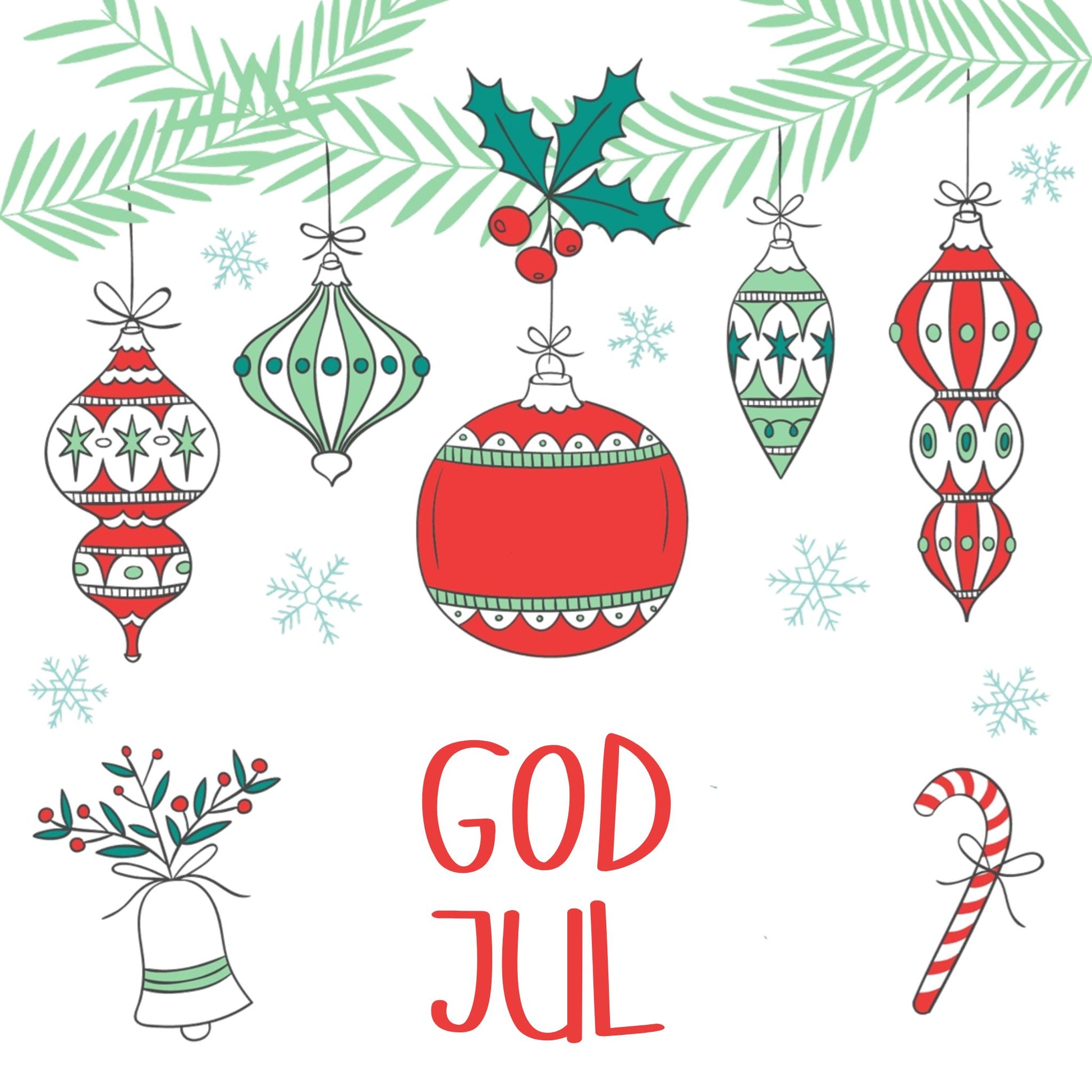 Grafikk til hvitt emaljekrus med hengende ornamenter med teksten «God Jul».