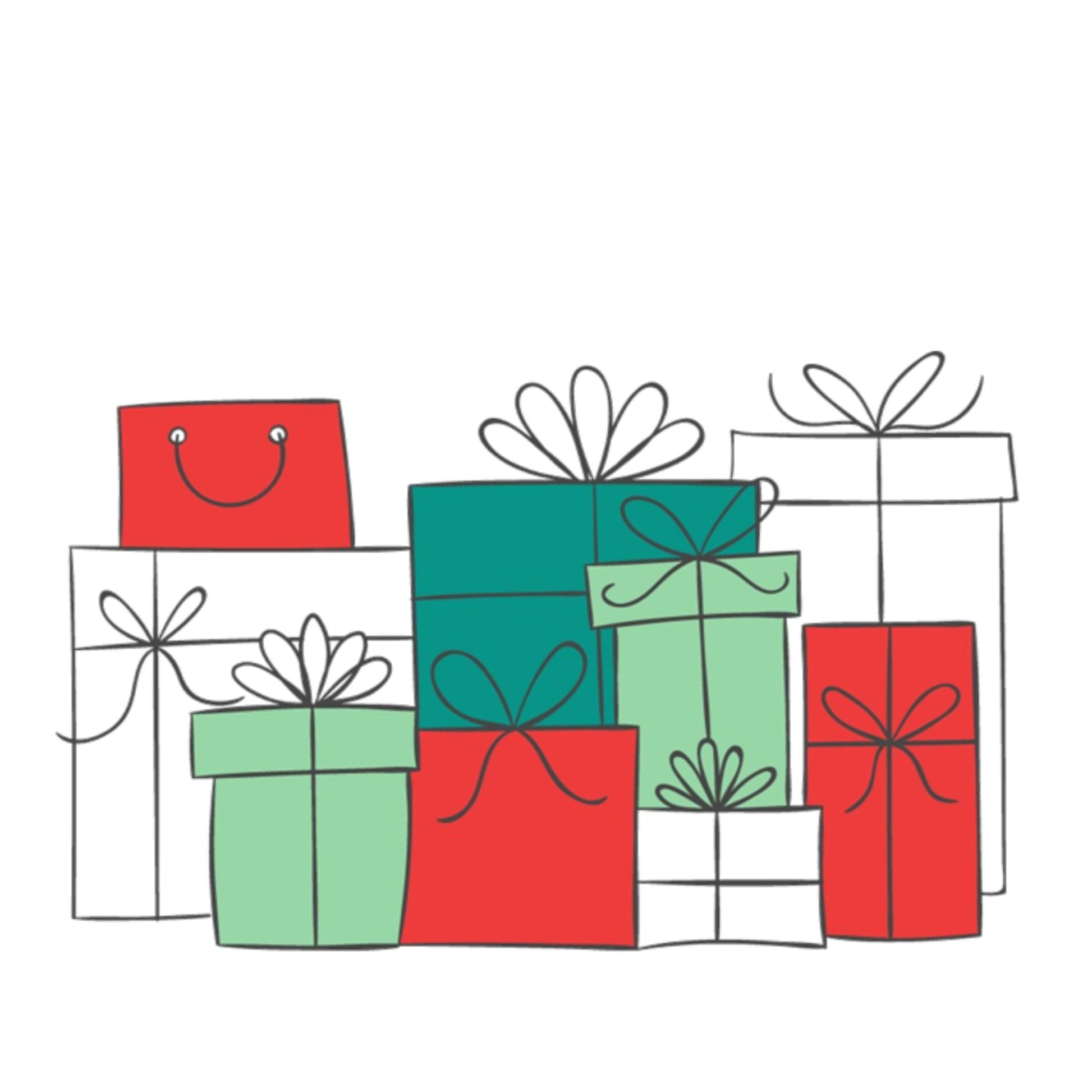 Grafikk til hvitt emaljekrus med grafisk julemotiv av minimalistiske julegaver i rødt og grønt.