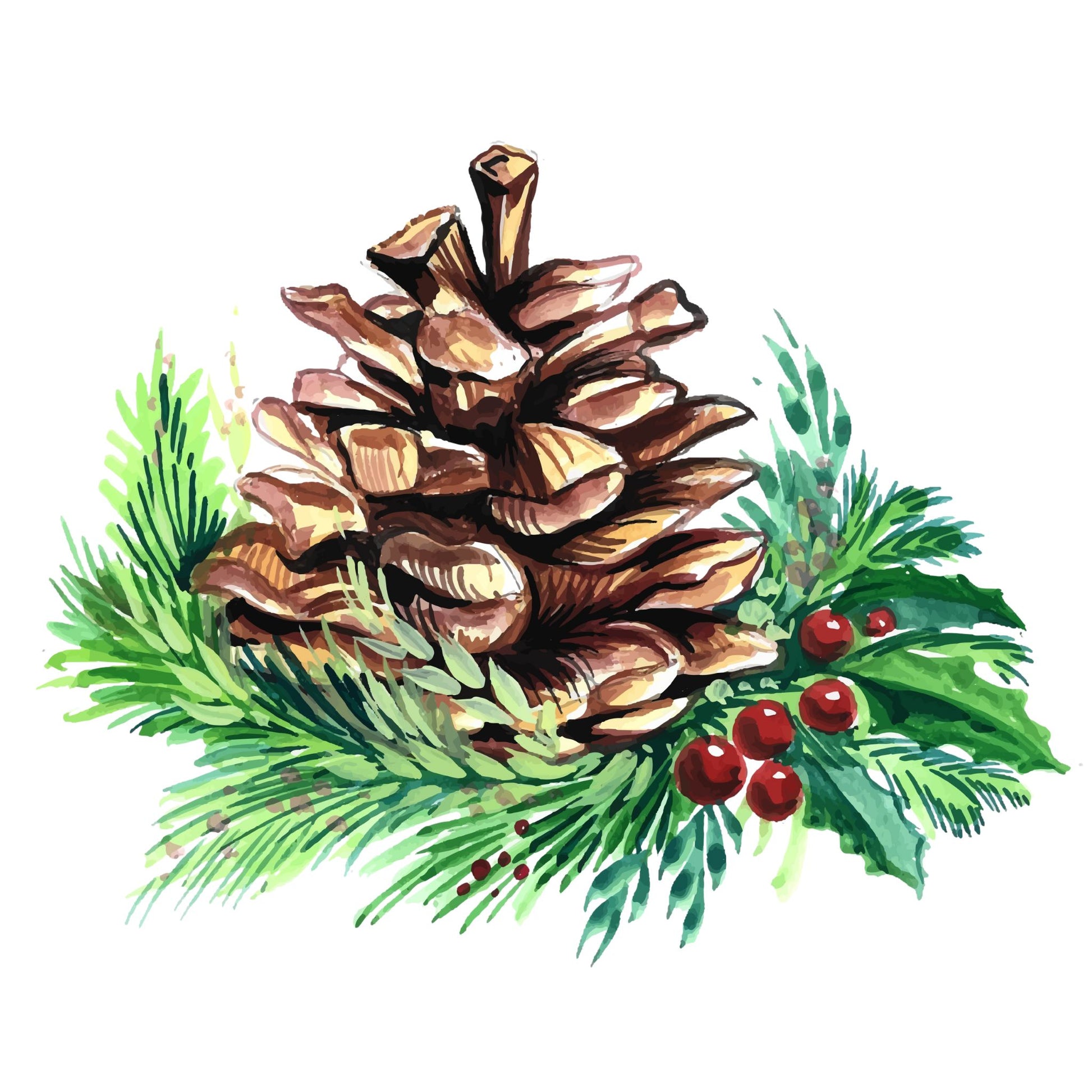 Grafikk til hvitt emaljekrus med julemotiv av en stor kongle.