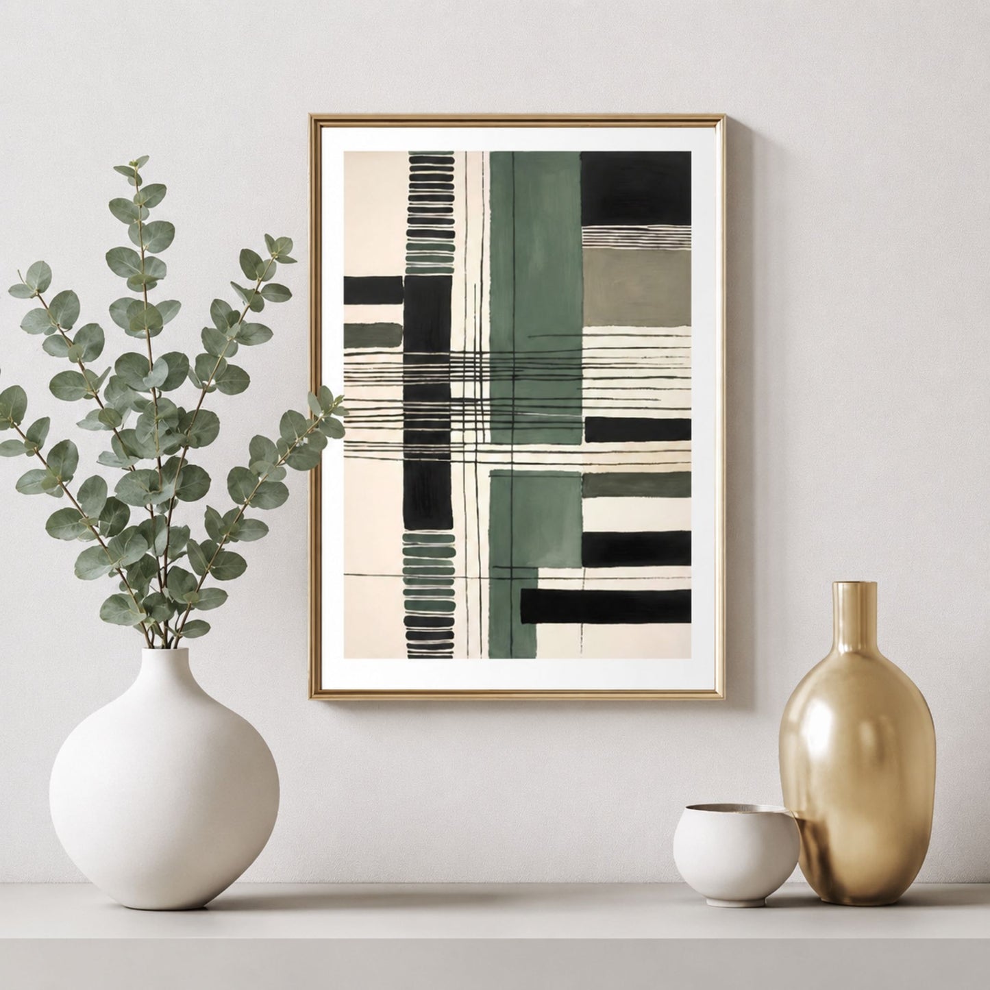 Grafisk Harmoni plakat stylet med eukalyptus og dekorative vaser