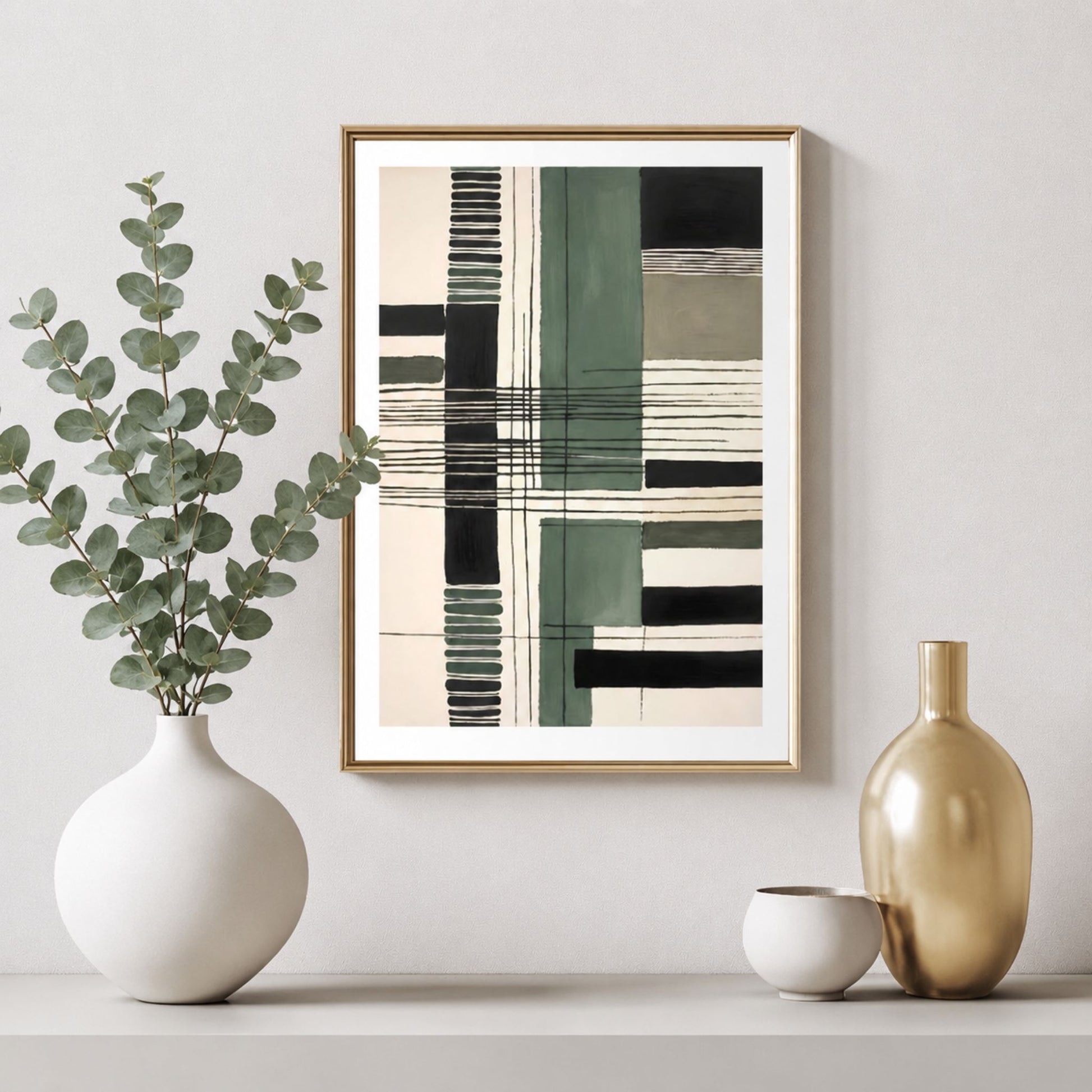 Grafisk Harmoni plakat stylet med eukalyptus og dekorative vaser