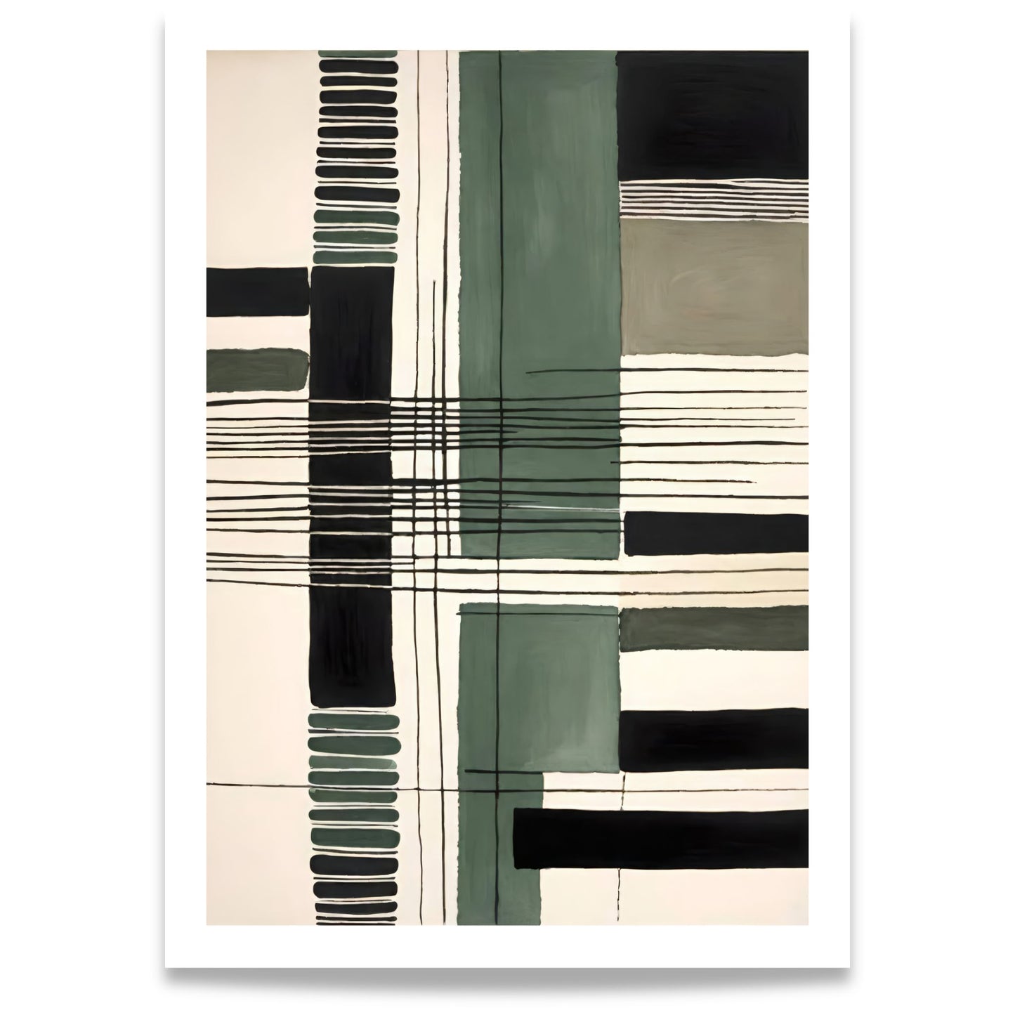 Grafisk Harmoni plakat med moderne abstrakt kunst i grønne, beige og sorte toner