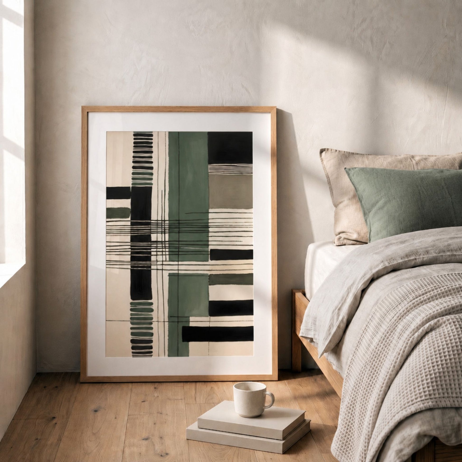 Grafisk Harmoni plakat lent mot vegg ved seng i lyst soverom
