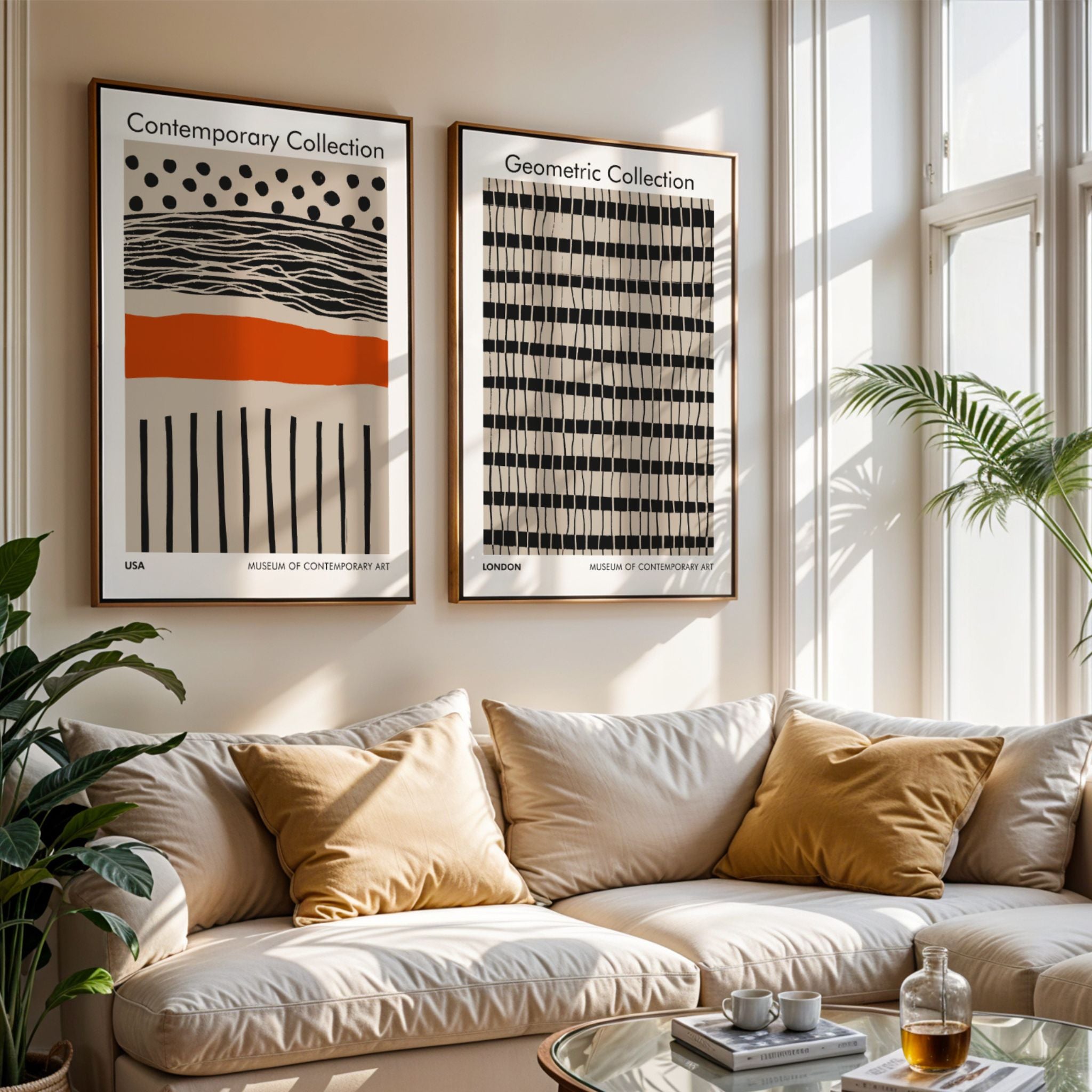 Moderne grafiske plakater i geometrisk og contemporary stil over beige sofa i lyst interiør