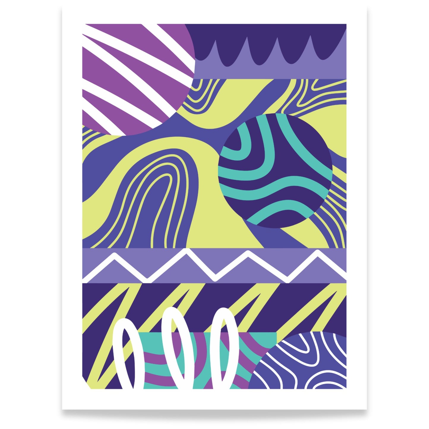 Gaphic flow abstrakt plakat med organiske former i lilla, grønt og blått på hvit bakgrunn 30x40