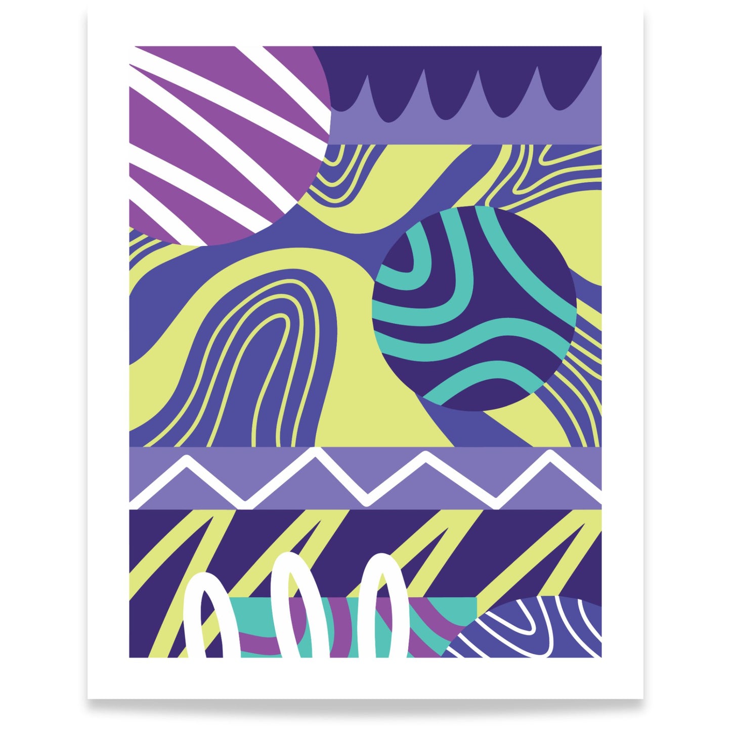 Gaphic flow abstrakt plakat med organiske former i lilla, grønt og blått på hvit bakgrunn 40x50