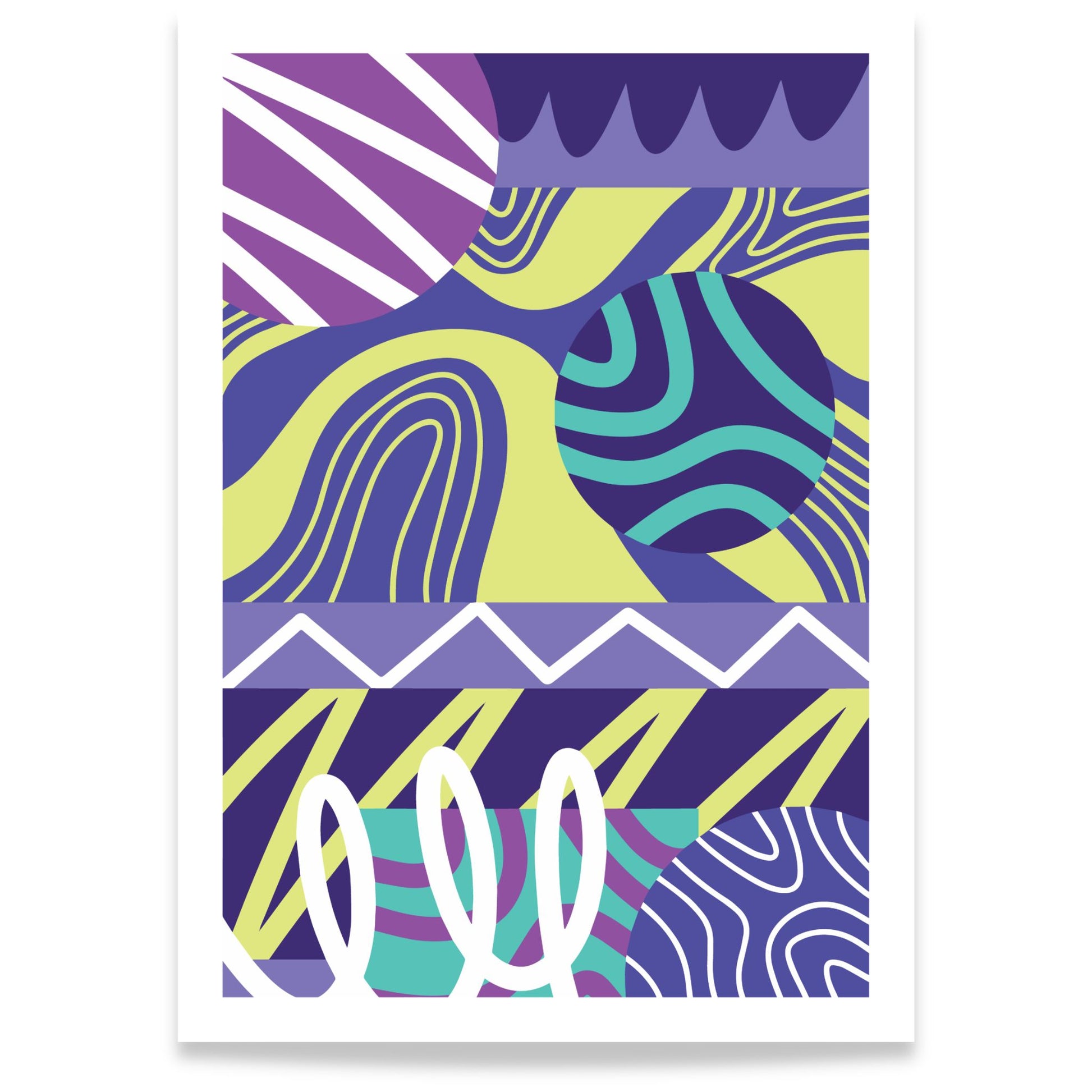 Gaphic flow abstrakt plakat med organiske former i lilla, grønt og blått på hvit bakgrunn 50X70