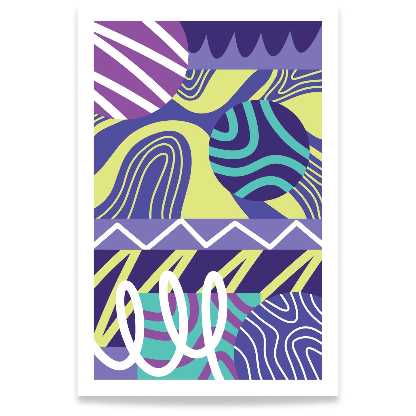Gaphic flow abstrakt plakat med organiske former i lilla, grønt og blått på hvit bakgrunn 80X120