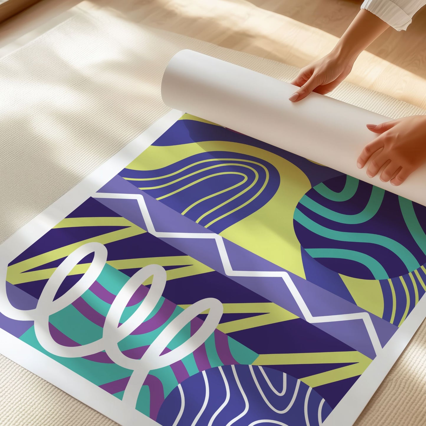 Detaljbilde av Gaphic flow abstrakt plakat med tydelig papirkvalitet og farger